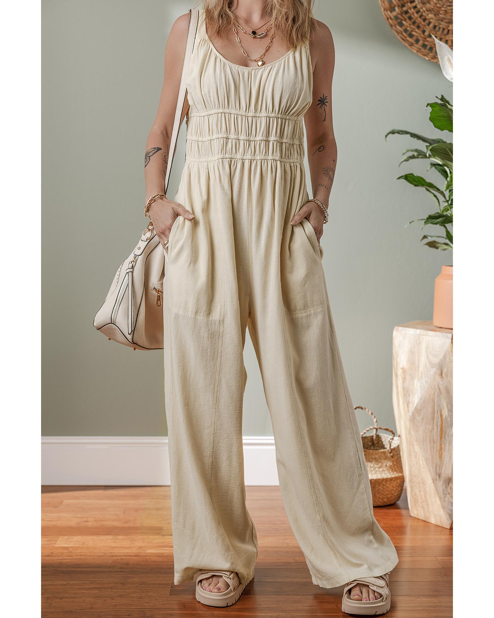 Beige Ruched High Waist Sleeveless Wide Leg Jumpsuit - M