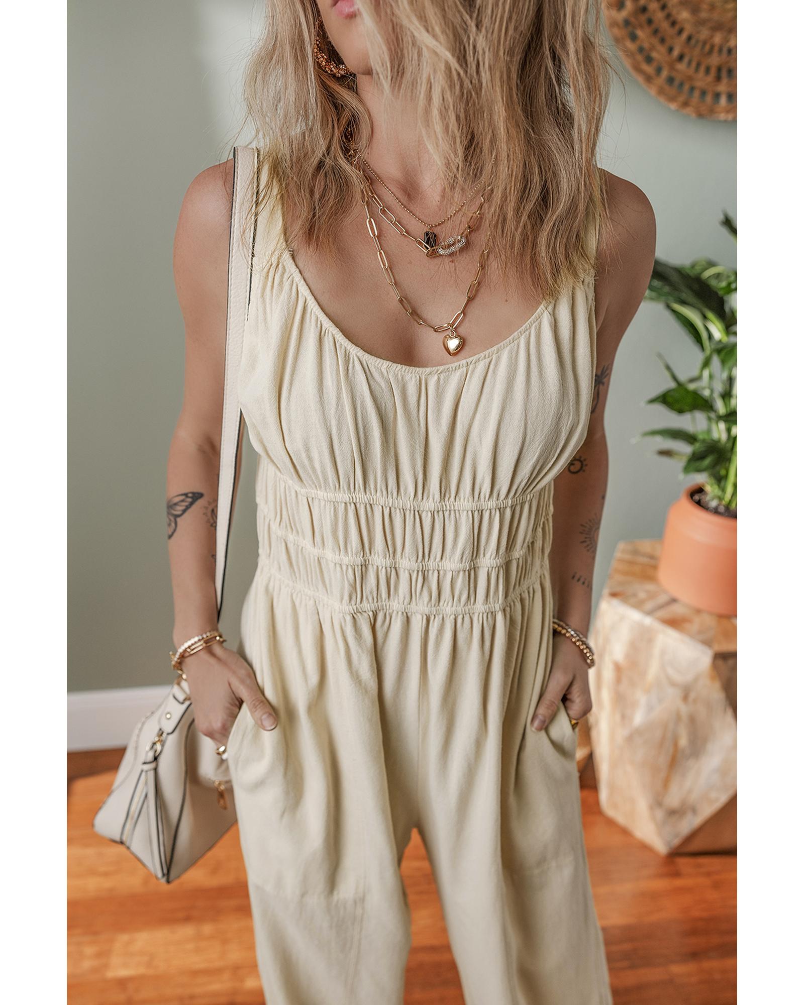 Beige Ruched High Waist Sleeveless Wide Leg Jumpsuit - M