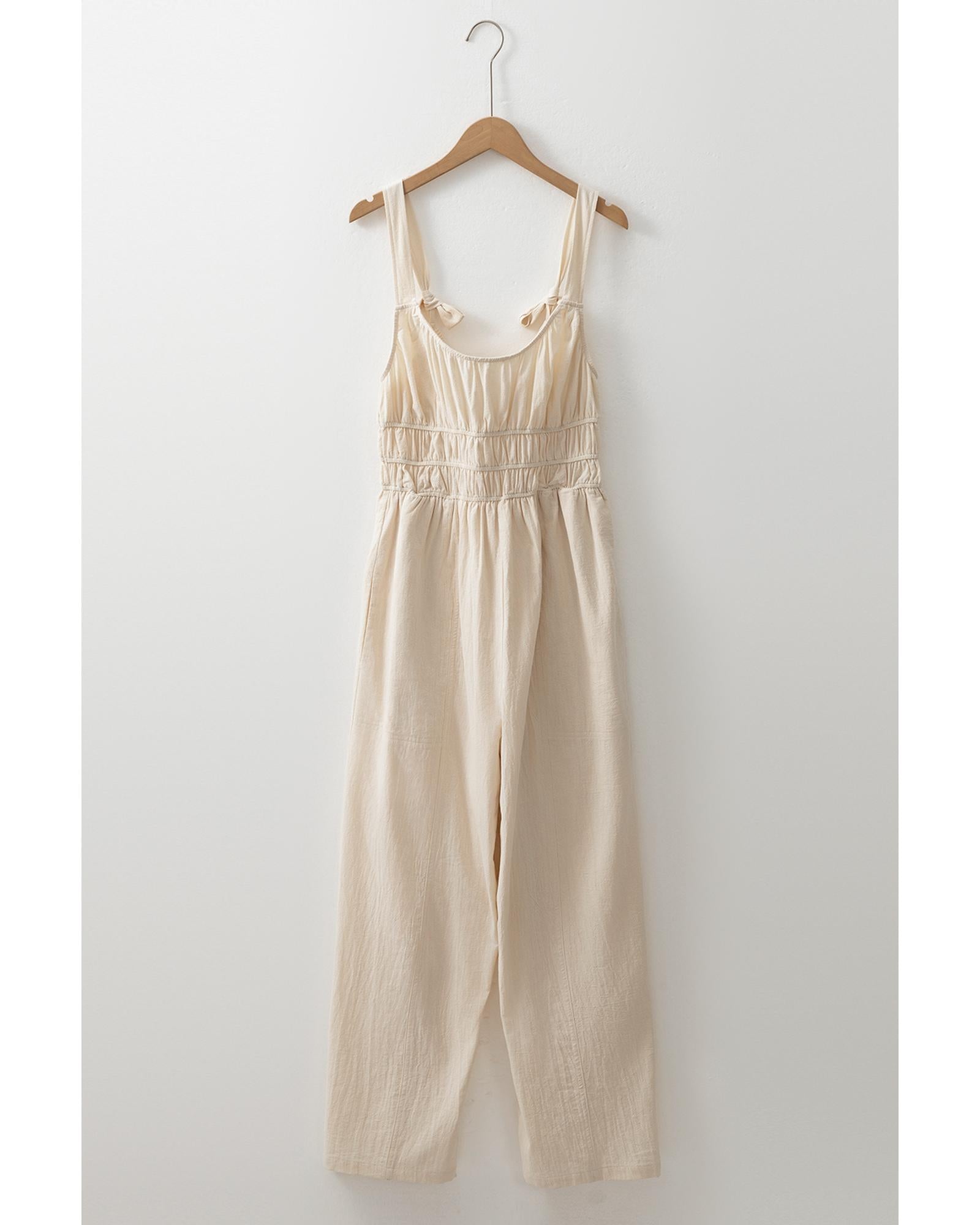 Beige Ruched High Waist Sleeveless Wide Leg Jumpsuit - M