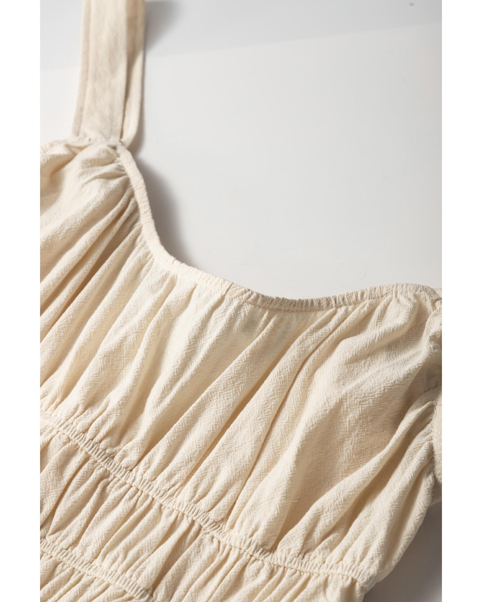 Beige Ruched High Waist Sleeveless Wide Leg Jumpsuit - M