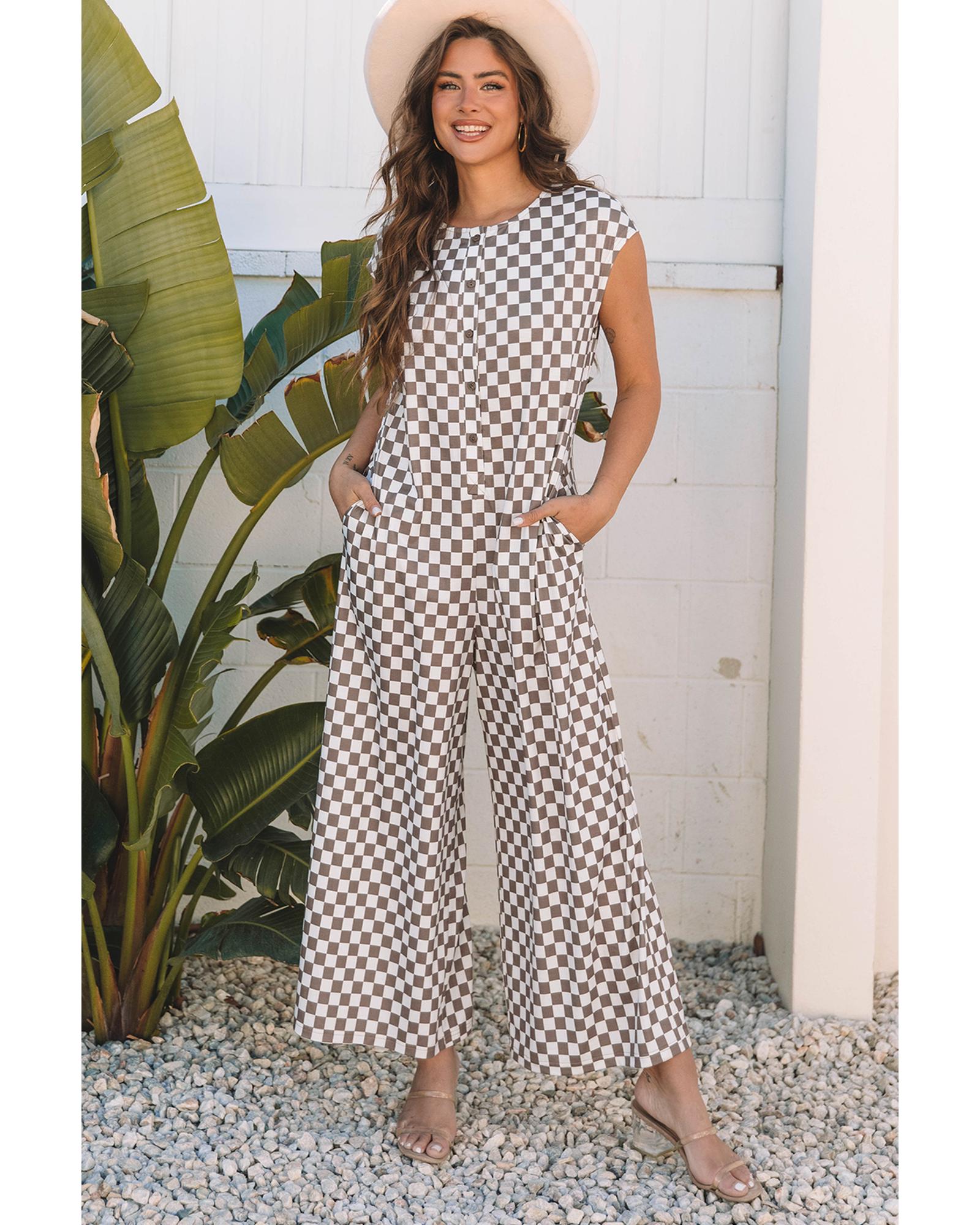 Khaki Checkered Print Buttoned Crew Neck Wide Leg Jumpsuit - L