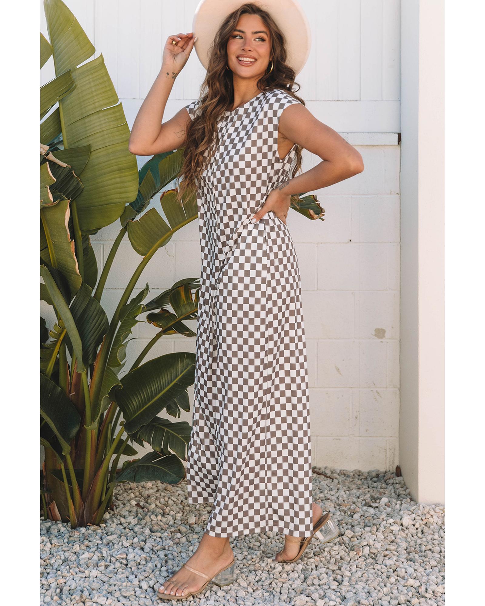 Khaki Checkered Print Buttoned Crew Neck Wide Leg Jumpsuit - L