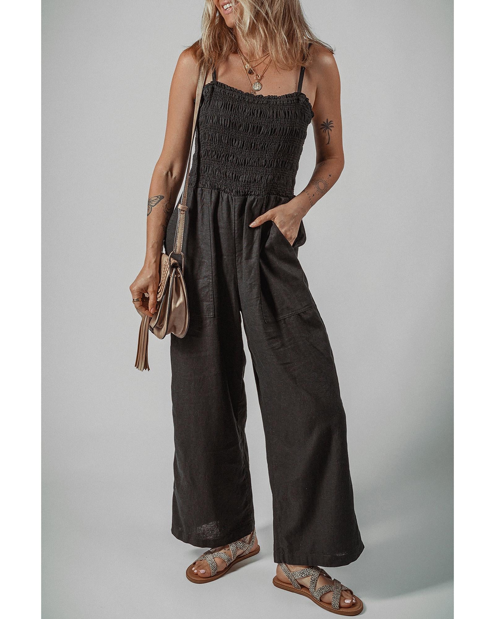 Black Spaghetti Straps Shirred Bodice Pocketed Wide Leg Jumpsuit - L