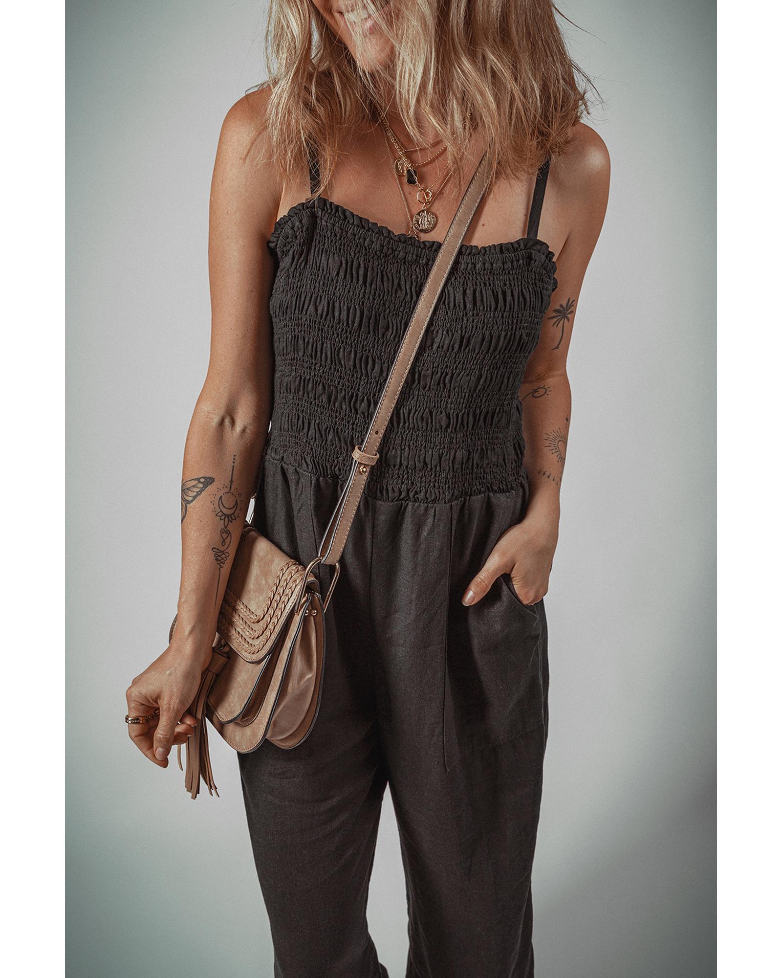 Black Spaghetti Straps Shirred Bodice Pocketed Wide Leg Jumpsuit - M