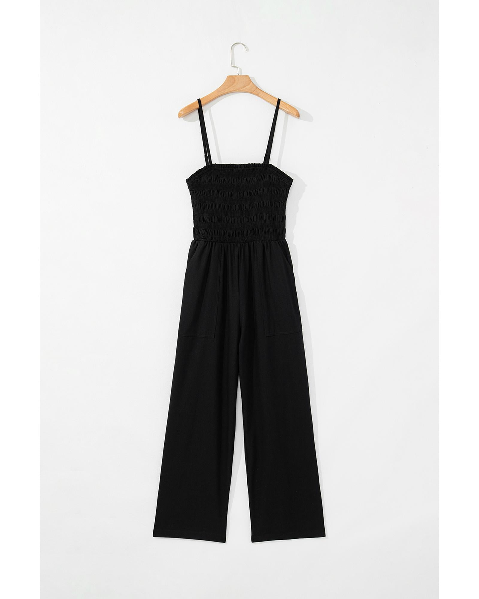 Black Spaghetti Straps Shirred Bodice Pocketed Wide Leg Jumpsuit - M