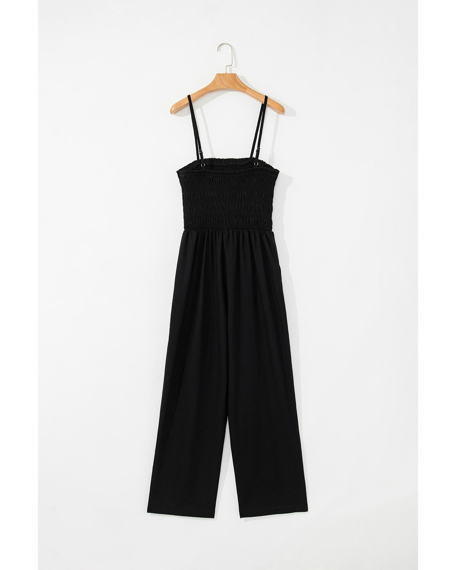 Black Spaghetti Straps Shirred Bodice Pocketed Wide Leg Jumpsuit - M