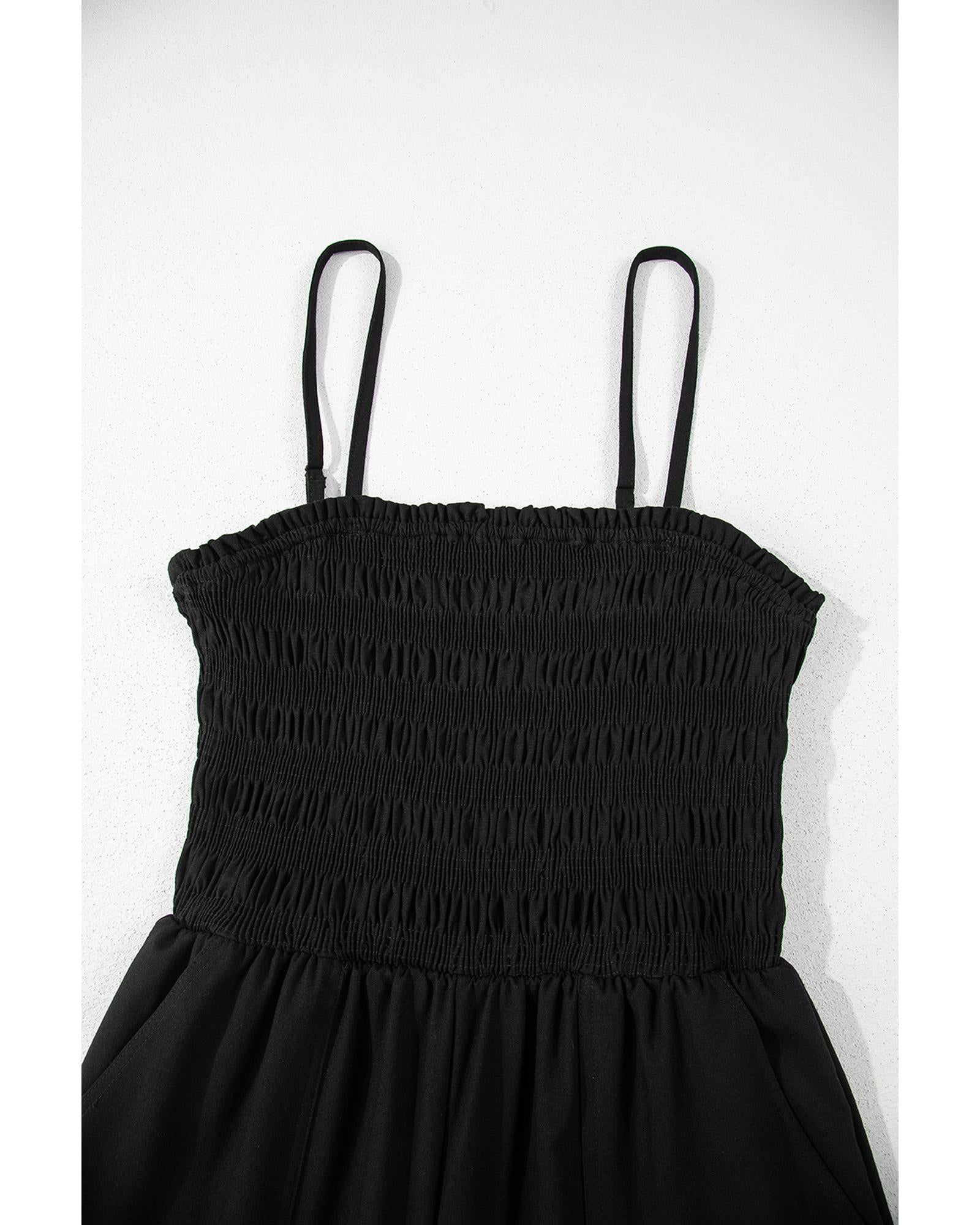 Black Spaghetti Straps Shirred Bodice Pocketed Wide Leg Jumpsuit - M