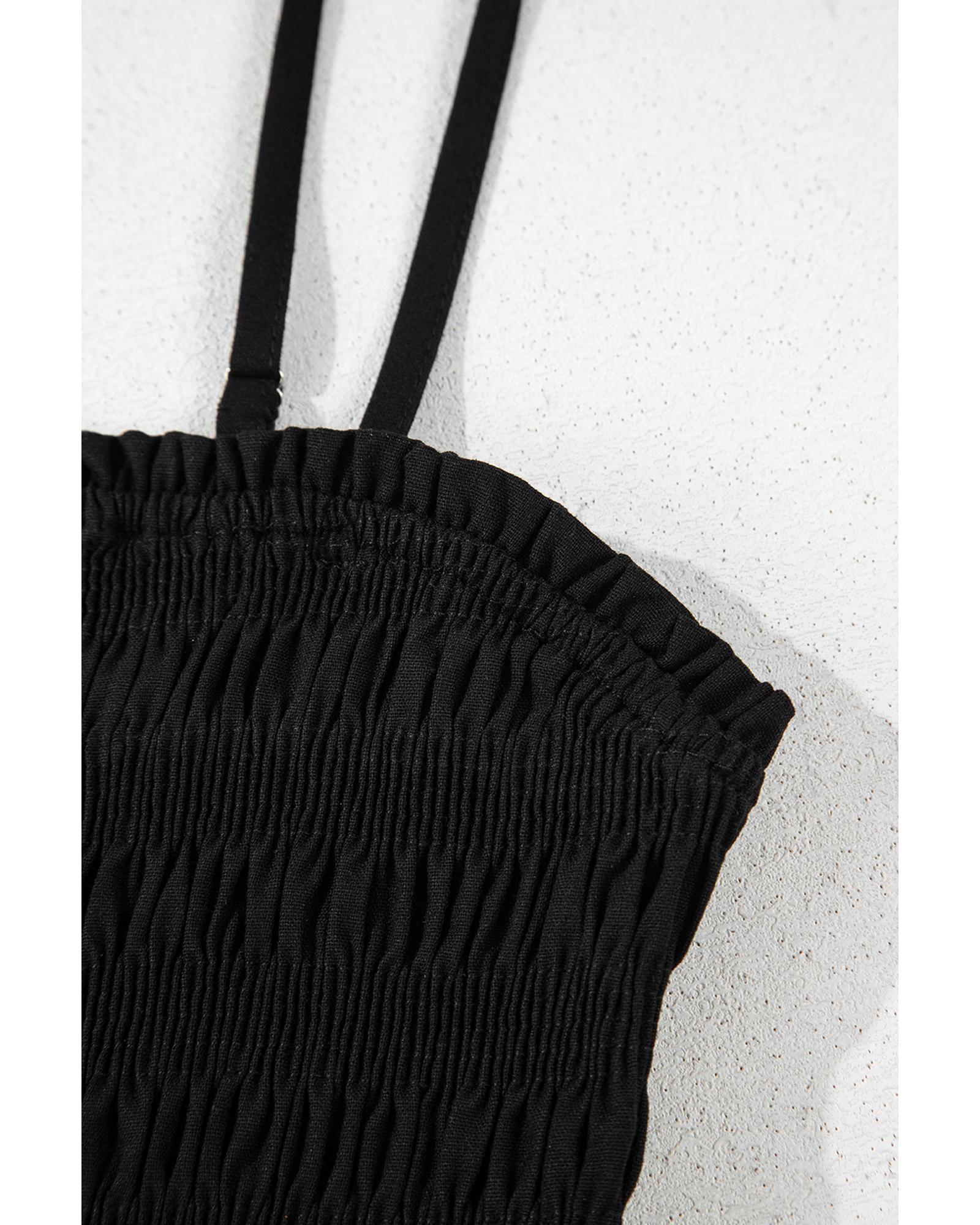 Black Spaghetti Straps Shirred Bodice Pocketed Wide Leg Jumpsuit - M