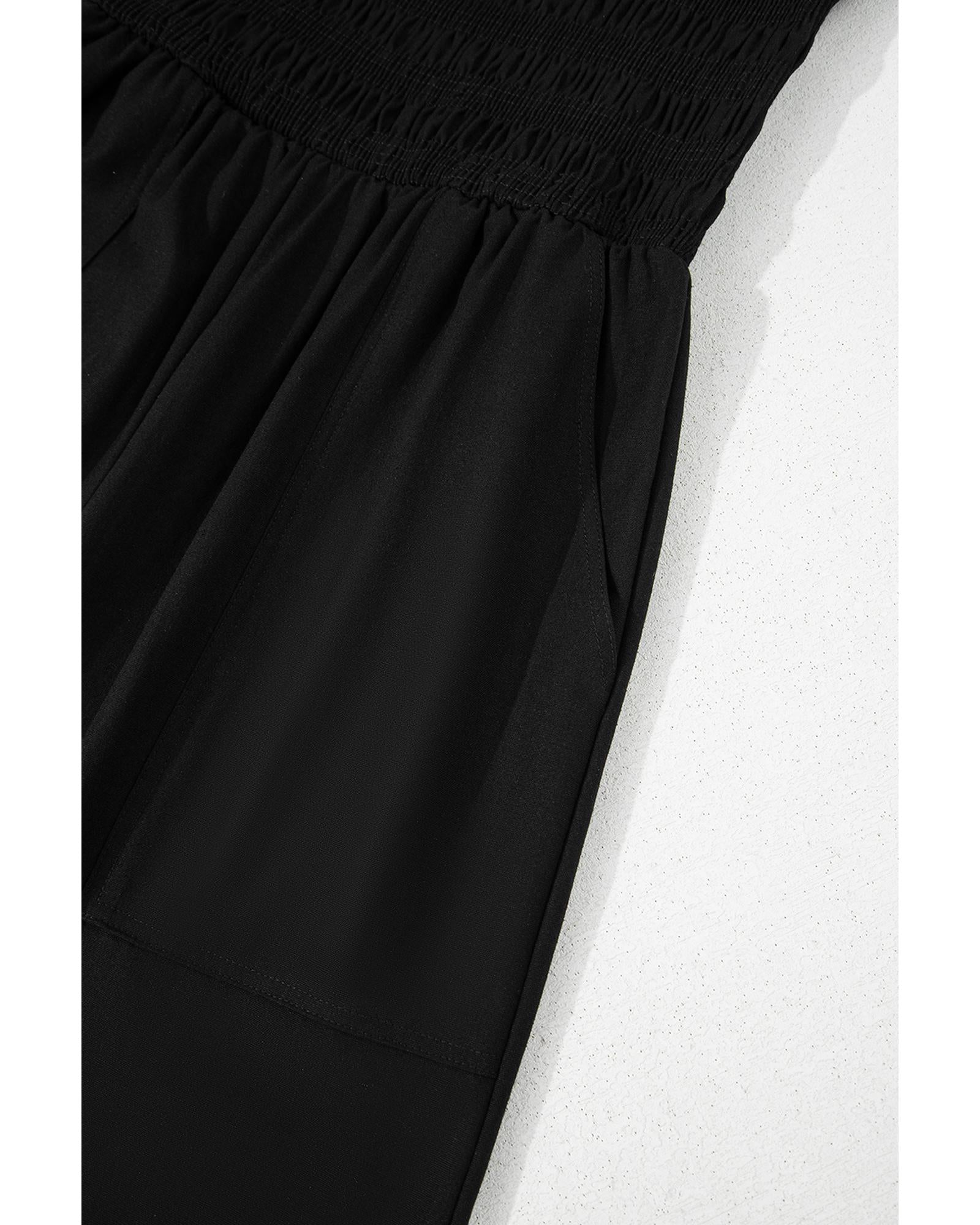 Black Spaghetti Straps Shirred Bodice Pocketed Wide Leg Jumpsuit - M