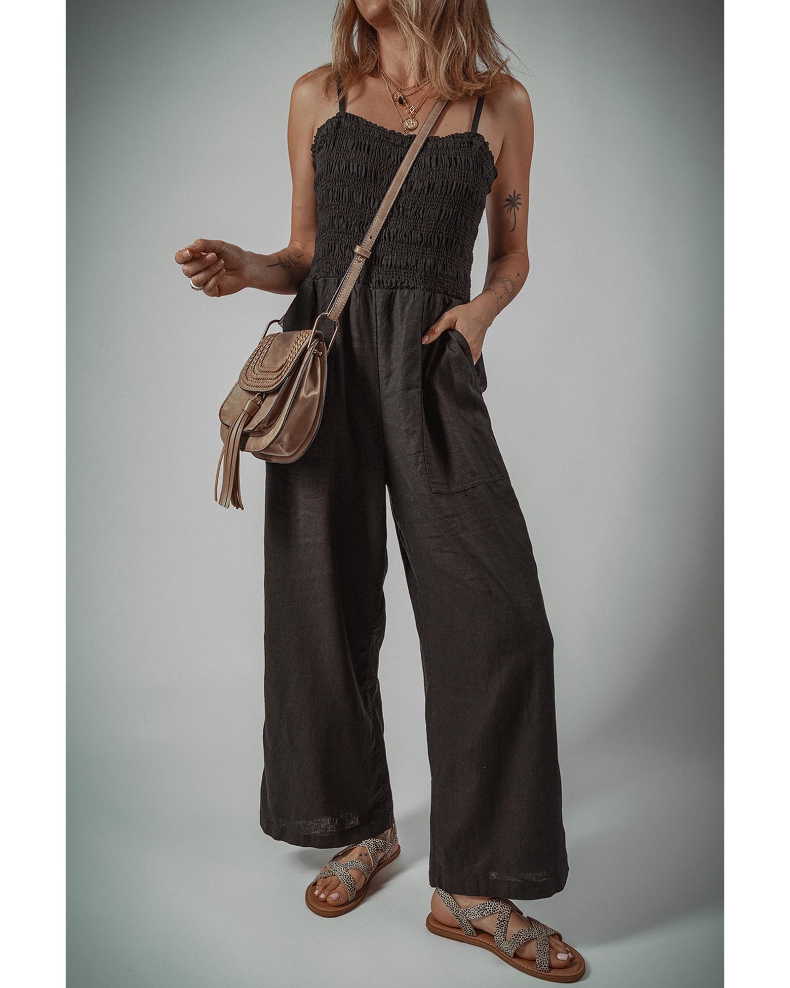 Black Spaghetti Straps Shirred Bodice Pocketed Wide Leg Jumpsuit - S