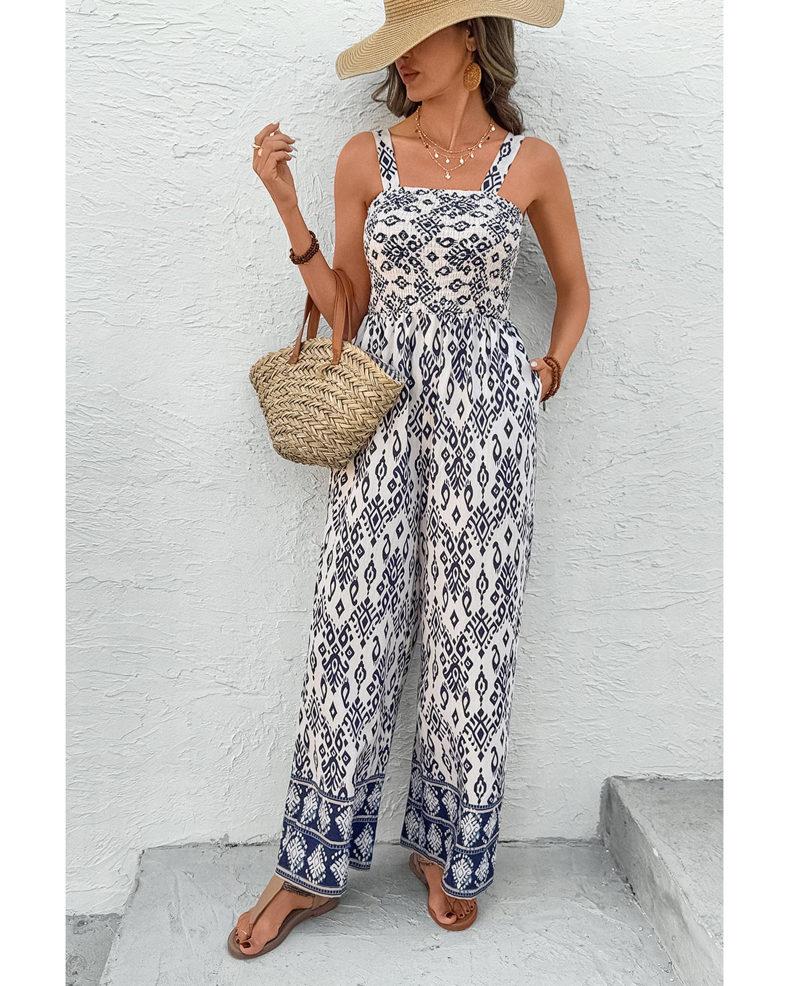 Blue Boho Geometric Print Shirred High Waist Wide Leg Jumpsuit - L