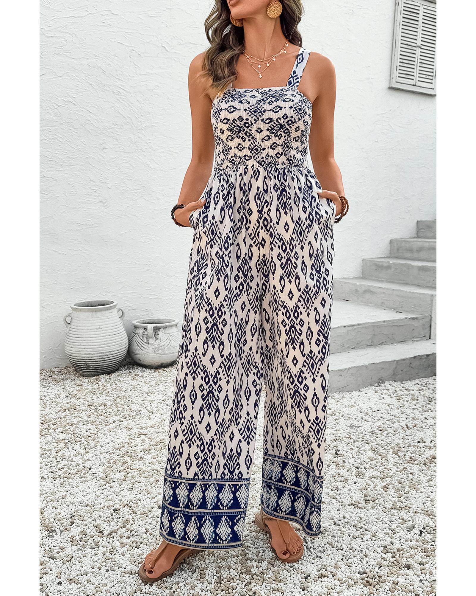 Blue Boho Geometric Print Shirred High Waist Wide Leg Jumpsuit - L