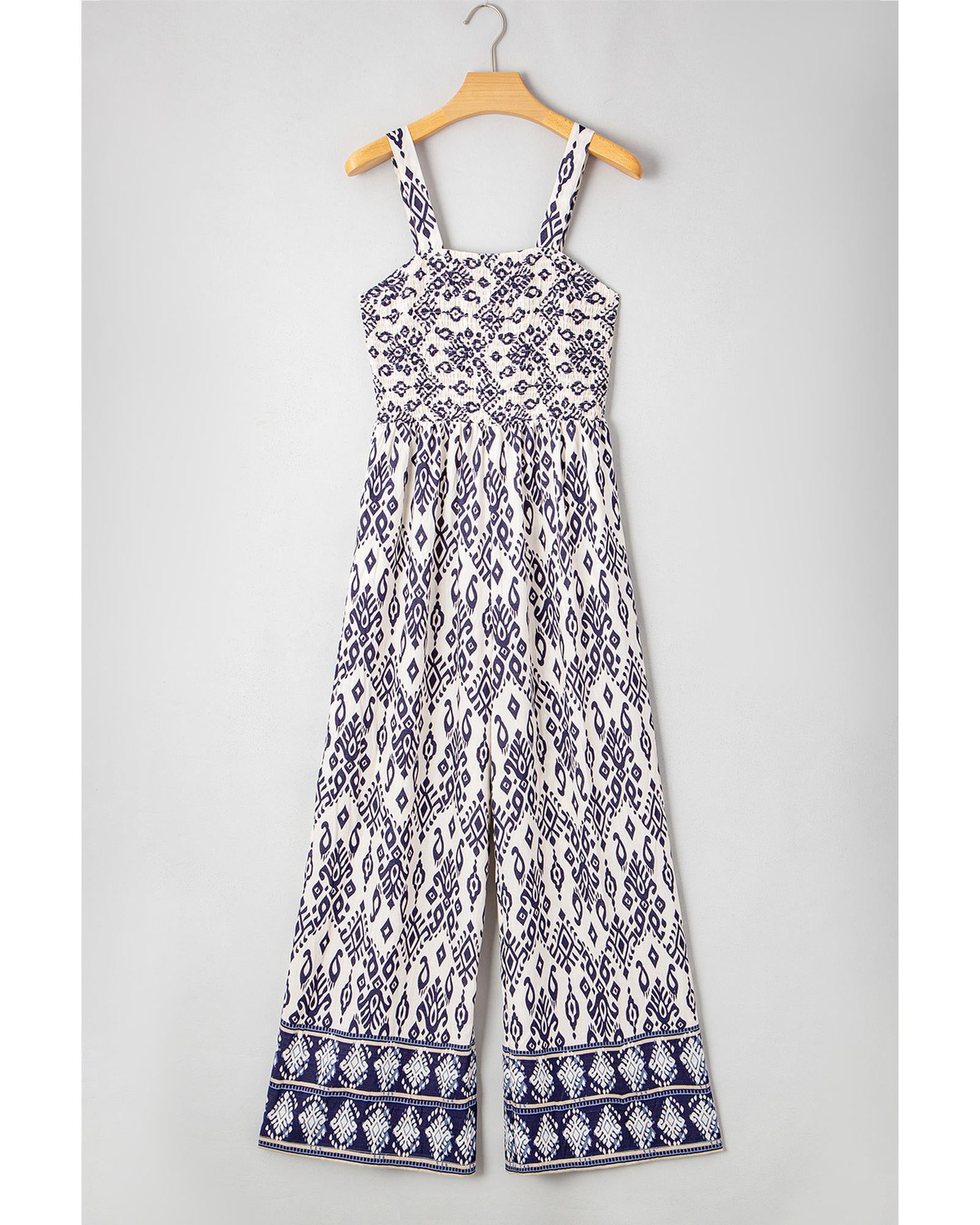Blue Boho Geometric Print Shirred High Waist Wide Leg Jumpsuit - L