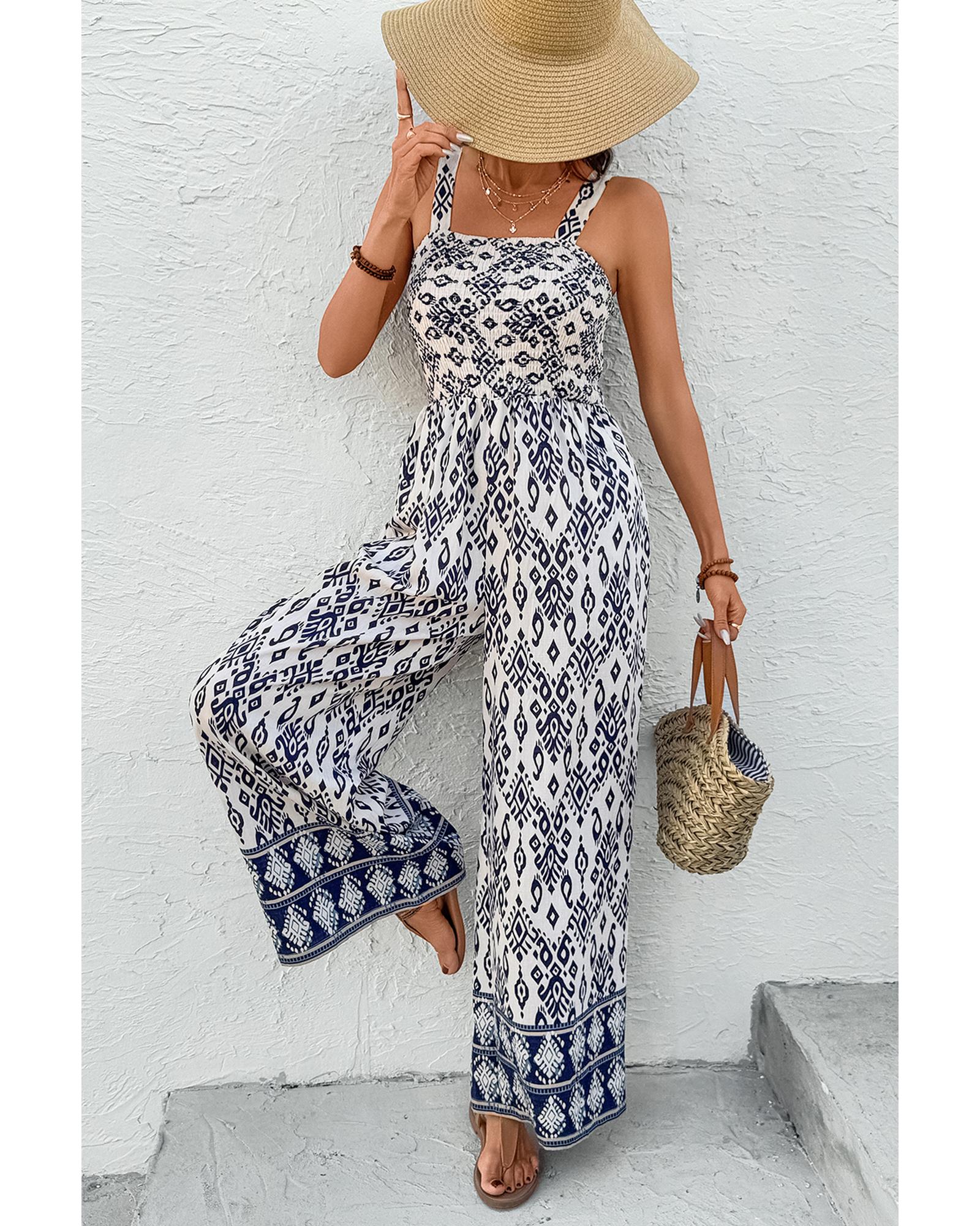 Blue Boho Geometric Print Shirred High Waist Wide Leg Jumpsuit - M