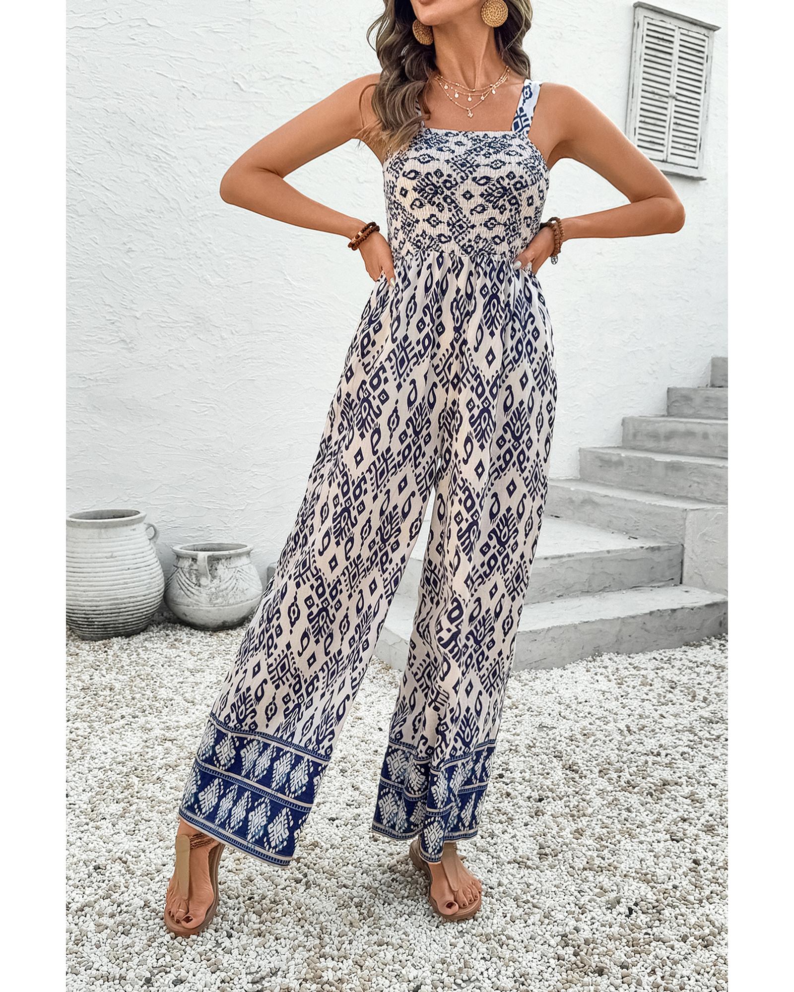 Blue Boho Geometric Print Shirred High Waist Wide Leg Jumpsuit - M