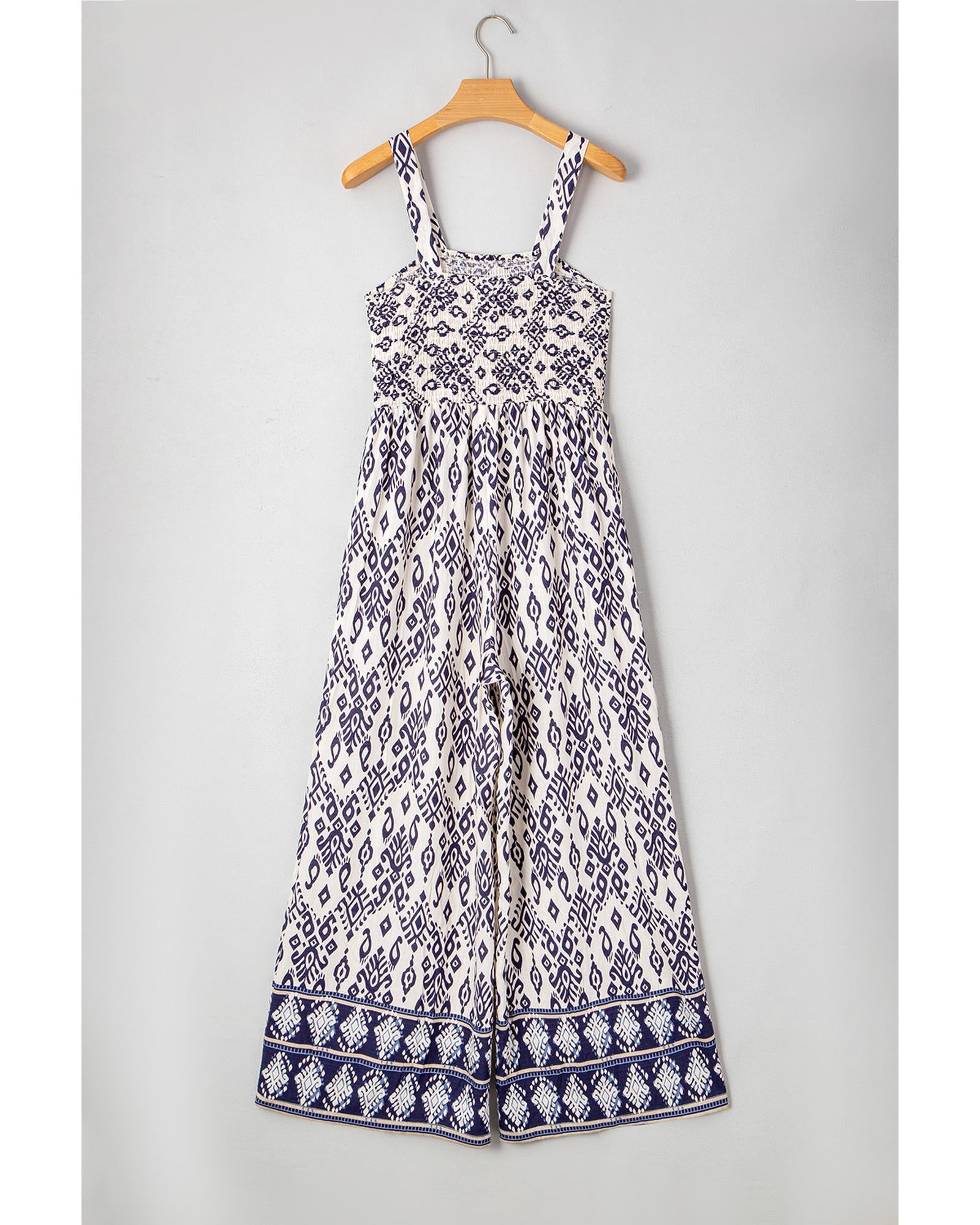 Blue Boho Geometric Print Shirred High Waist Wide Leg Jumpsuit - M