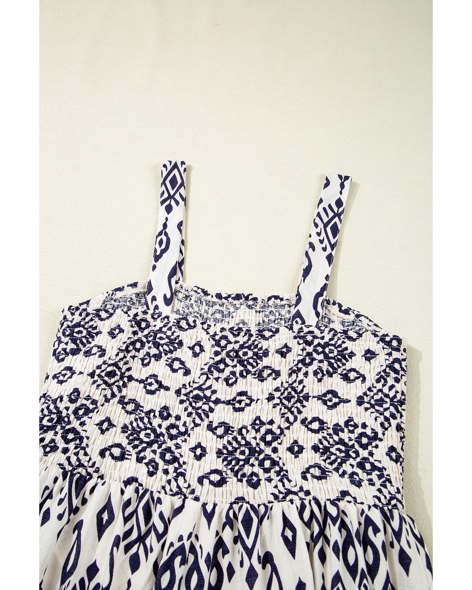 Blue Boho Geometric Print Shirred High Waist Wide Leg Jumpsuit - M