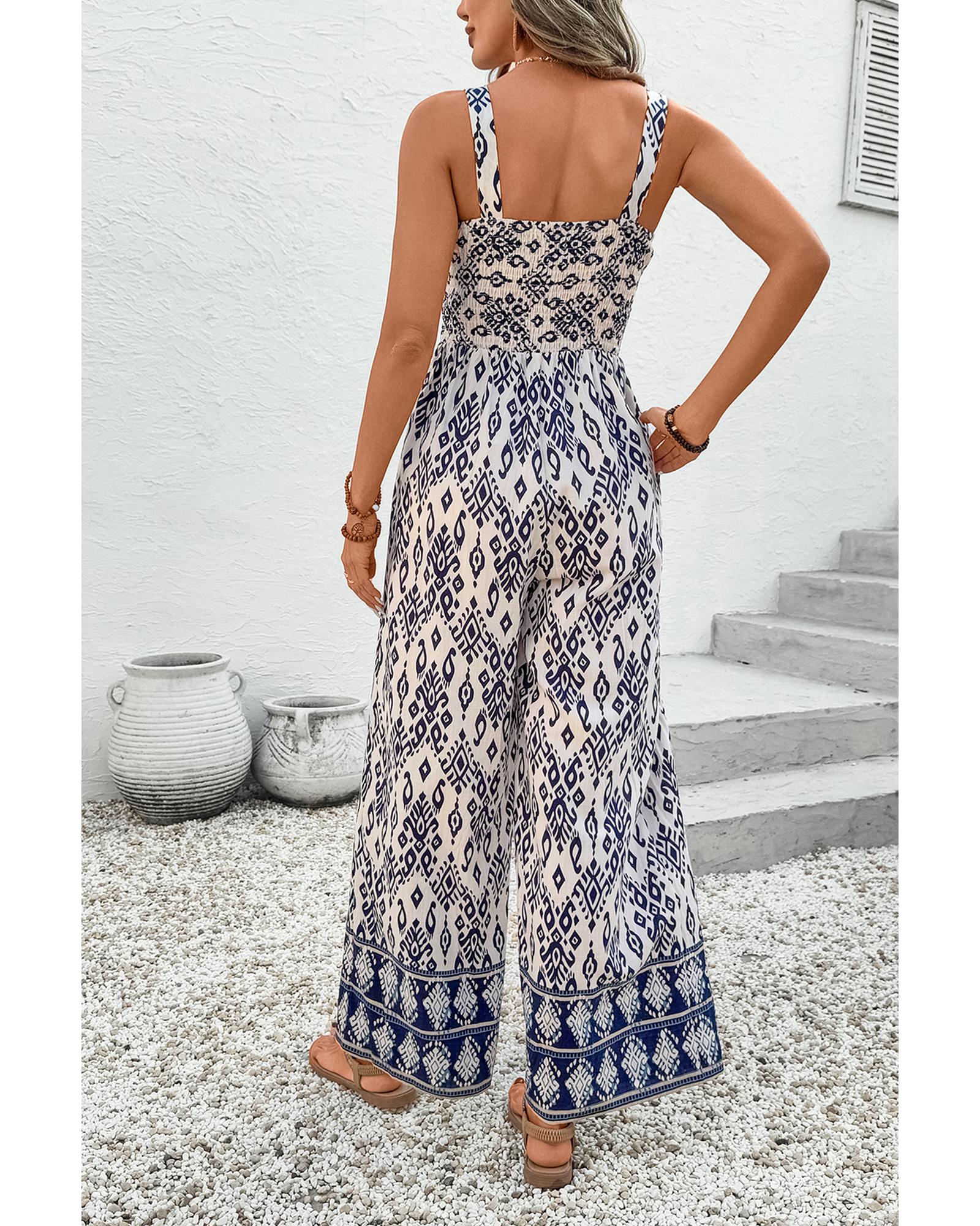 Blue Boho Geometric Print Shirred High Waist Wide Leg Jumpsuit - S