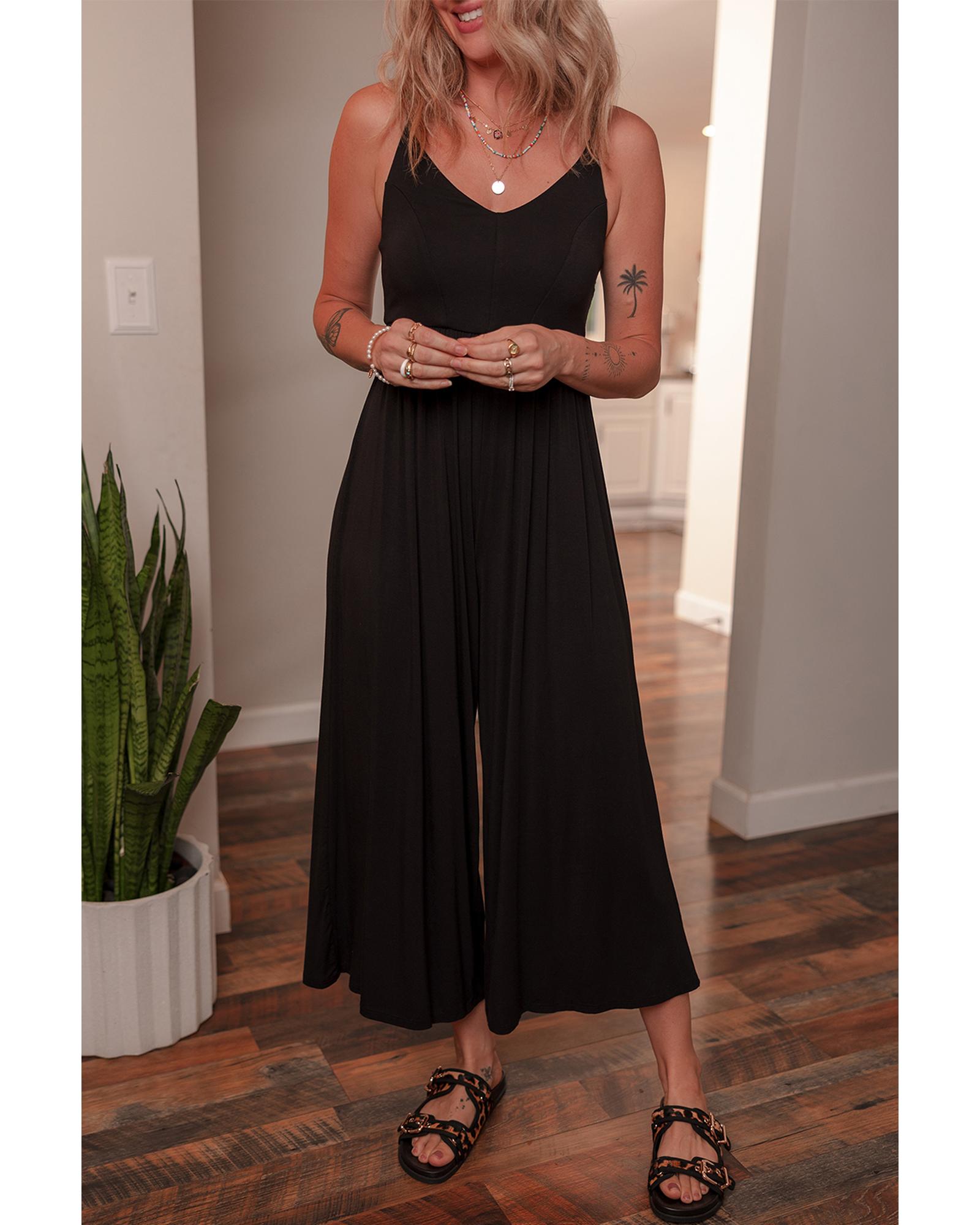 Black Spaghetti Straps Open Back Pleated Wide Leg Jumpsuit - L