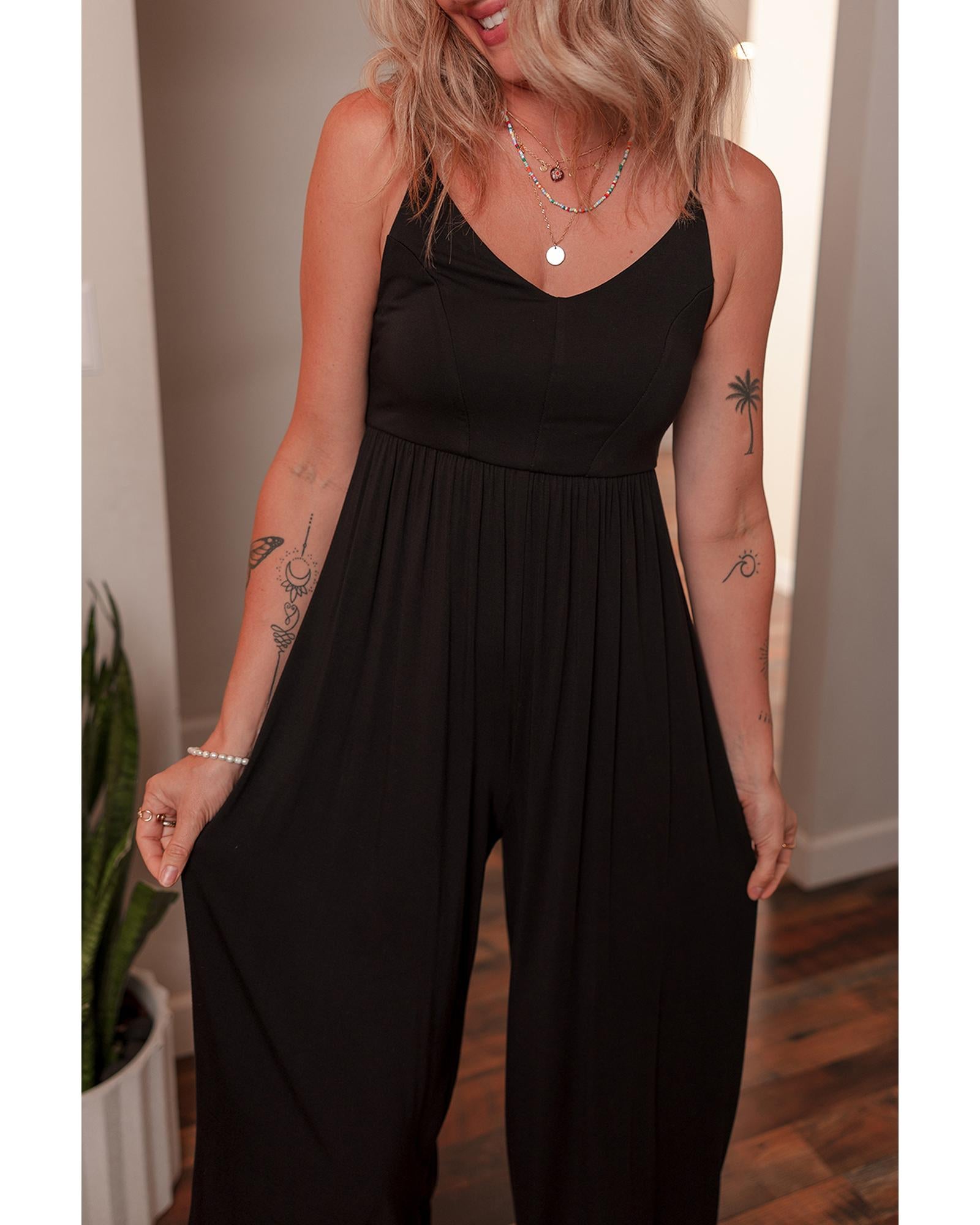 Black Spaghetti Straps Open Back Pleated Wide Leg Jumpsuit - L