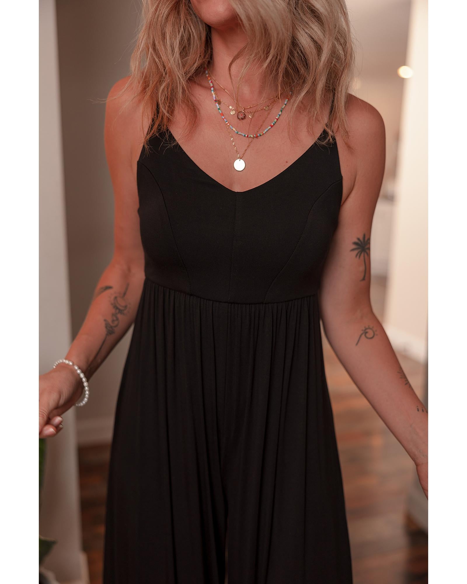 Black Spaghetti Straps Open Back Pleated Wide Leg Jumpsuit - L