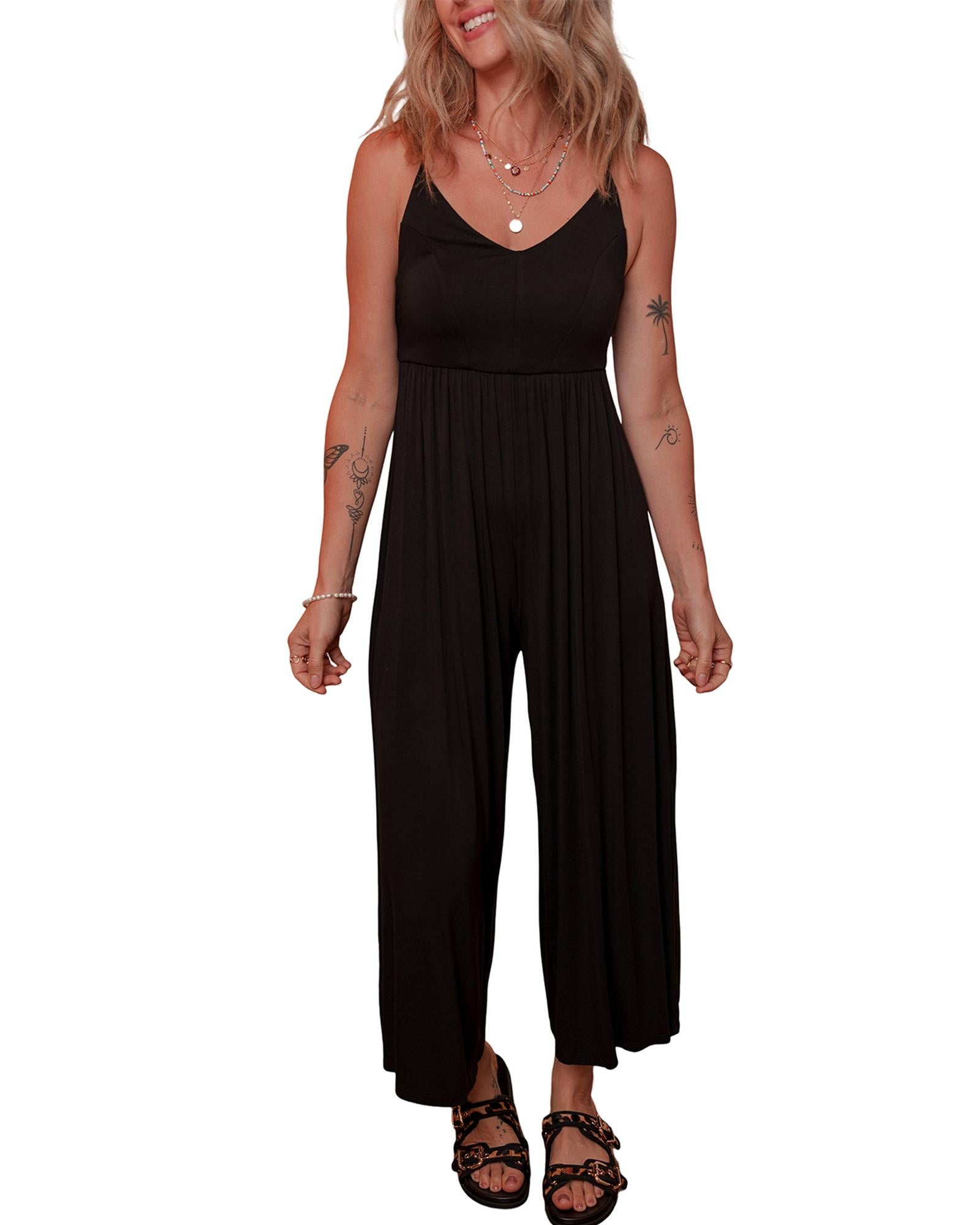 Black Spaghetti Straps Open Back Pleated Wide Leg Jumpsuit - L