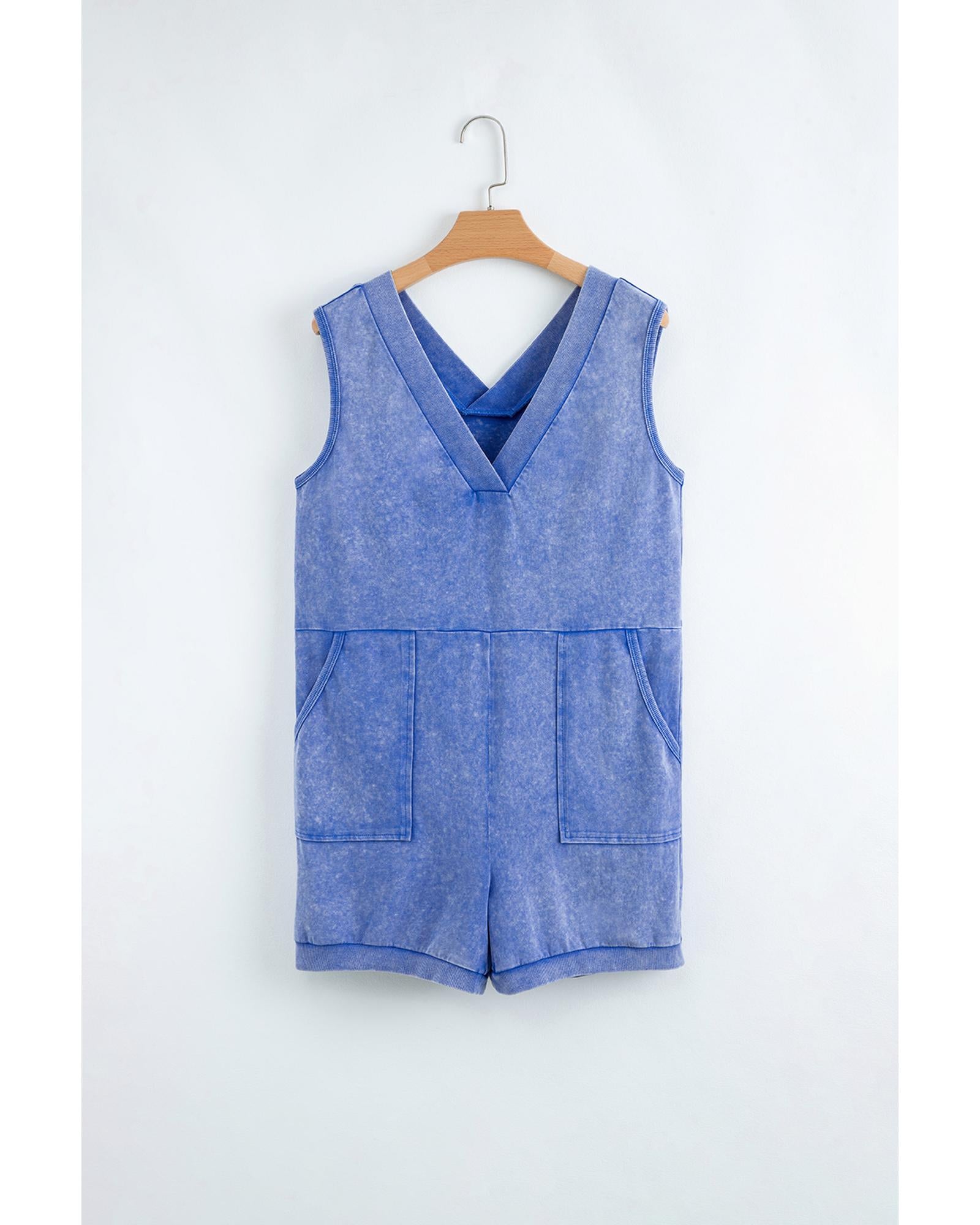 Sky Blue Mineral Wash Pocketed Sleeveless V Neck Loose Romper - L