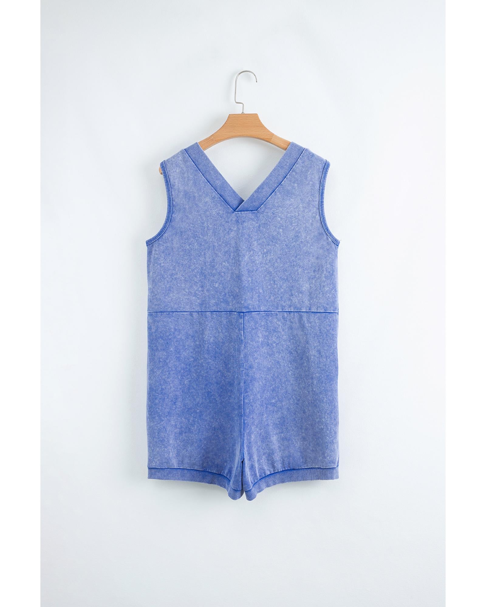 Sky Blue Mineral Wash Pocketed Sleeveless V Neck Loose Romper - L