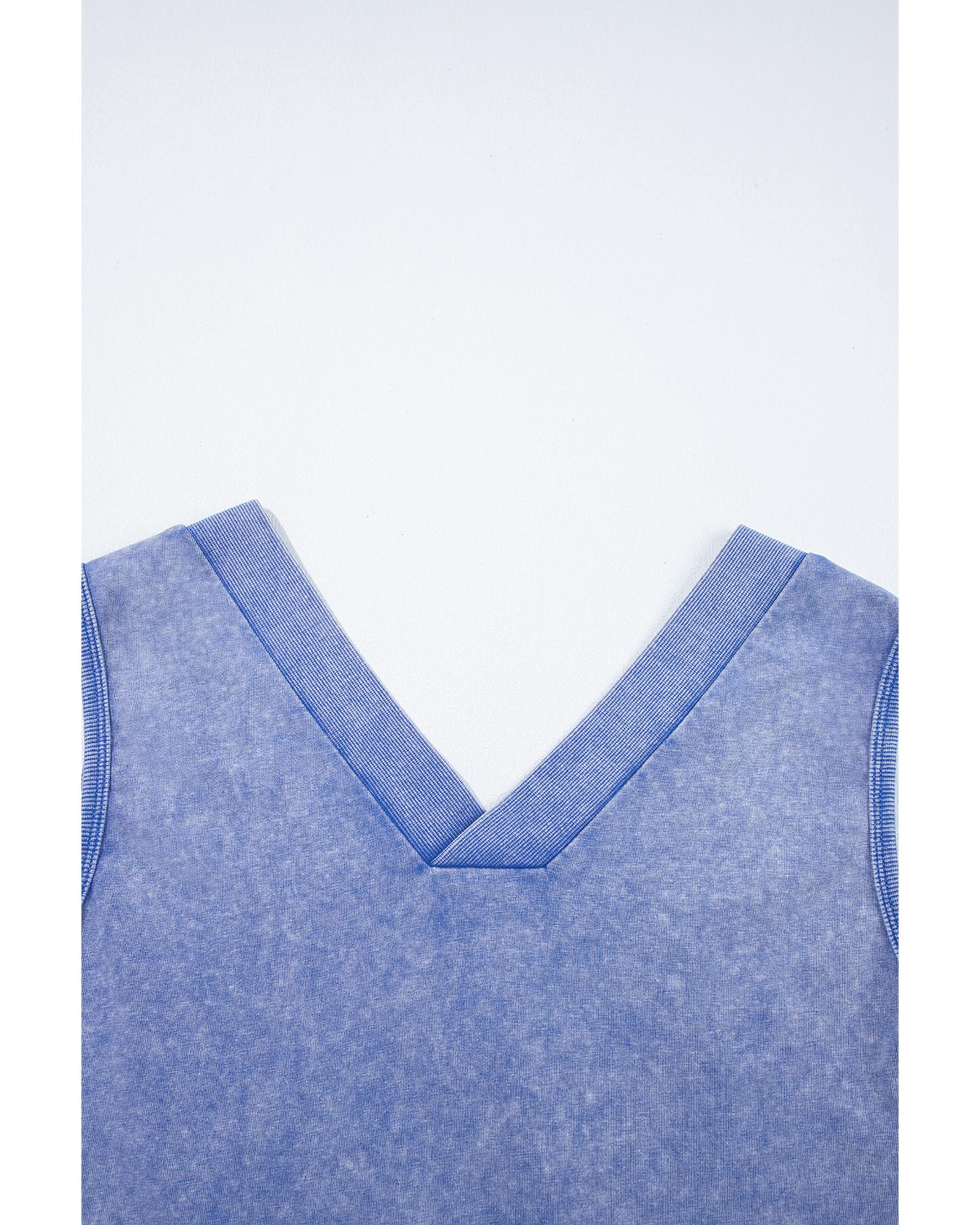Sky Blue Mineral Wash Pocketed Sleeveless V Neck Loose Romper - L