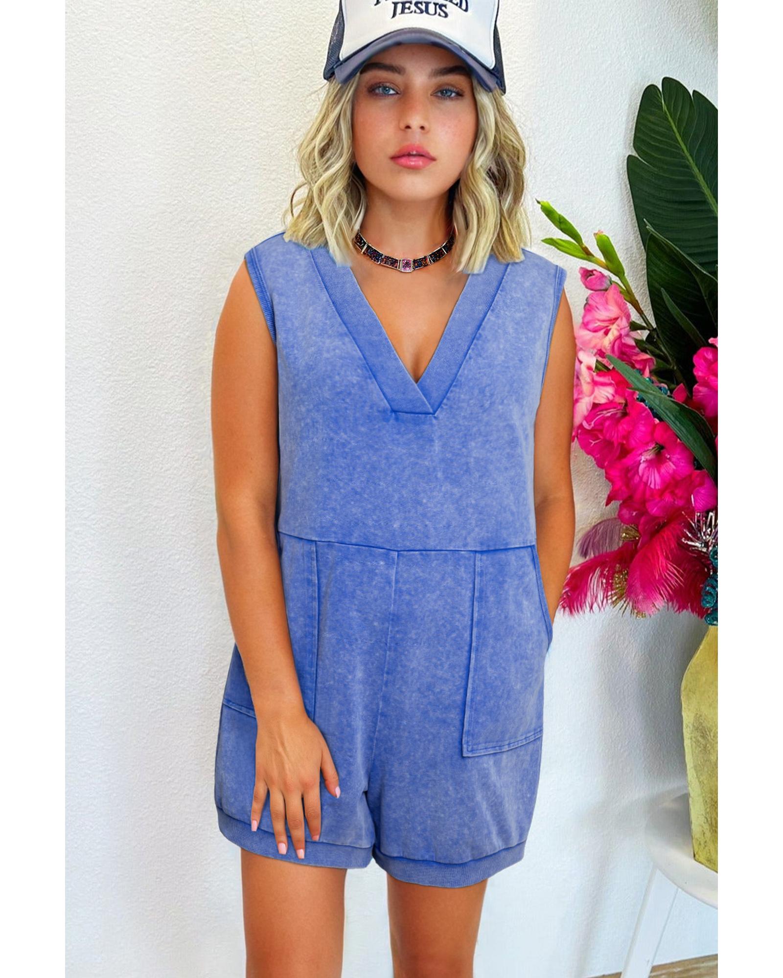 Sky Blue Mineral Wash Pocketed Sleeveless V Neck Loose Romper - S