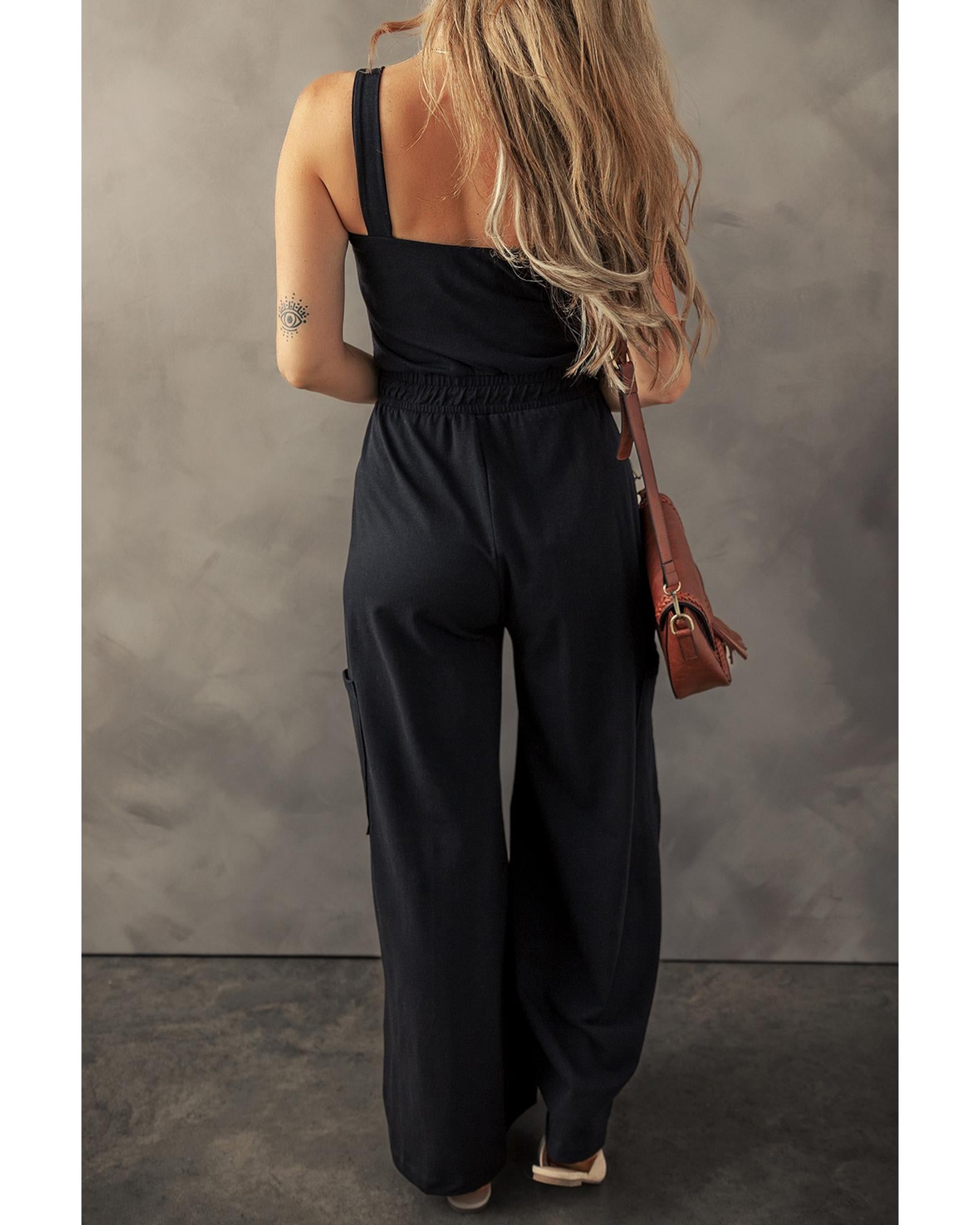 Black Drawstring Wide Leg Cargo Pockets Sleeveless Jumpsuit - M