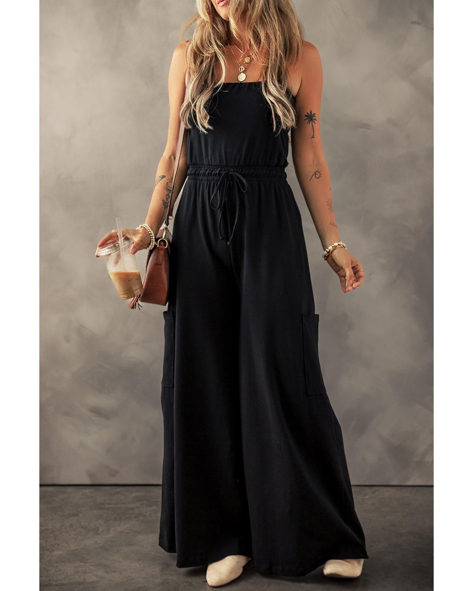 Black Drawstring Wide Leg Cargo Pockets Sleeveless Jumpsuit - M