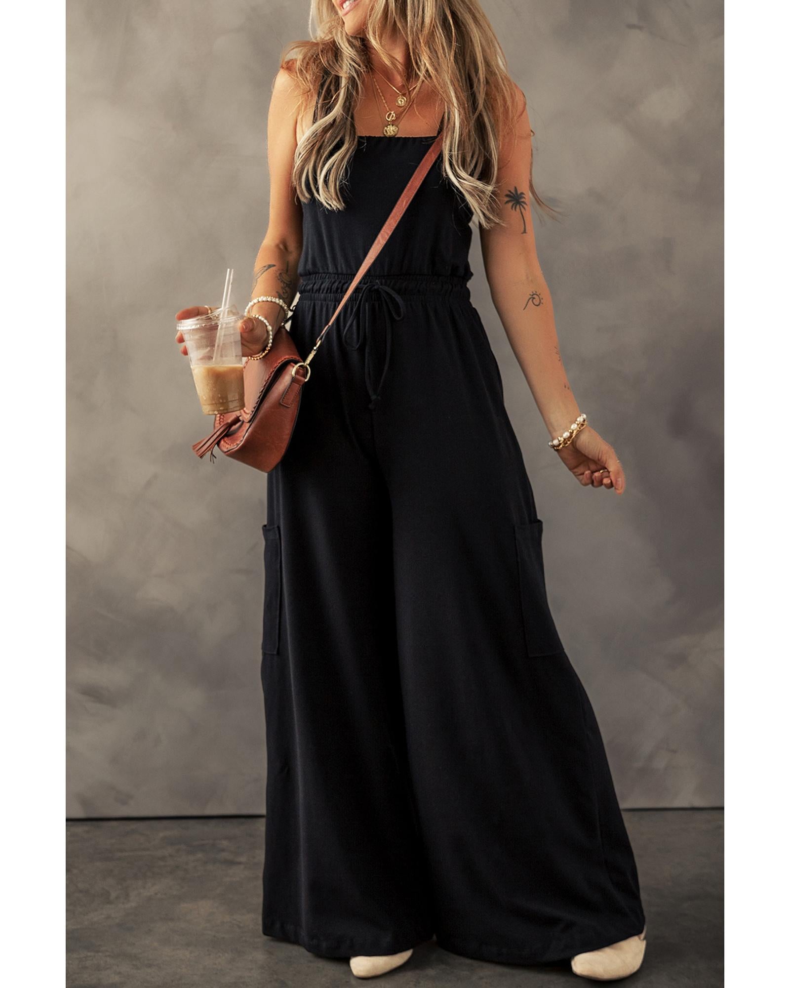 Black Drawstring Wide Leg Cargo Pockets Sleeveless Jumpsuit - M