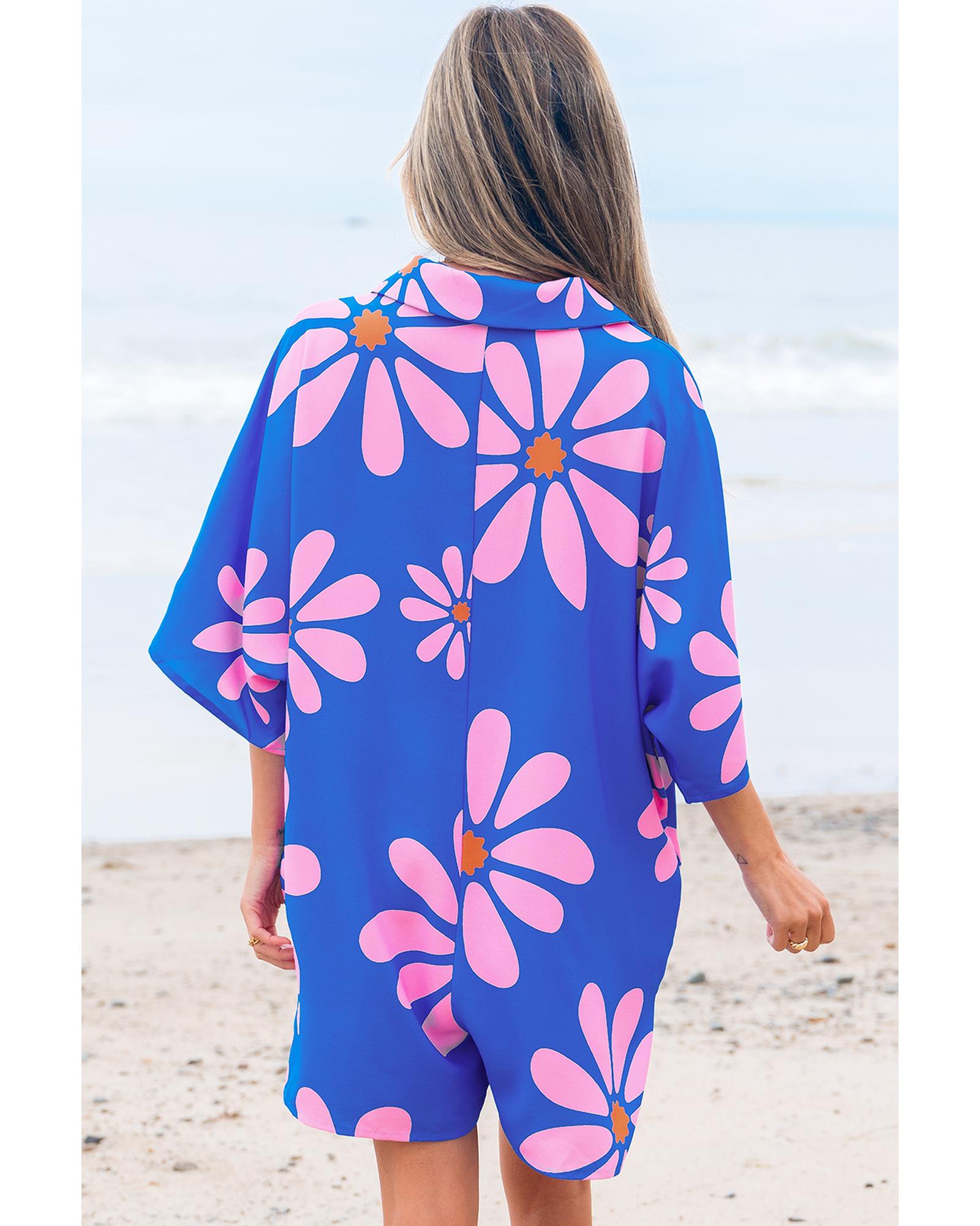 Blue Summer Flower Print Shirt Collar Button Front Loose Romper - M
