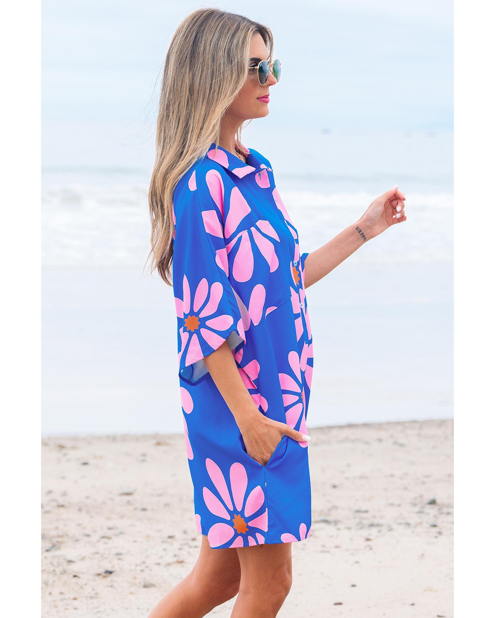 Blue Summer Flower Print Shirt Collar Button Front Loose Romper - S
