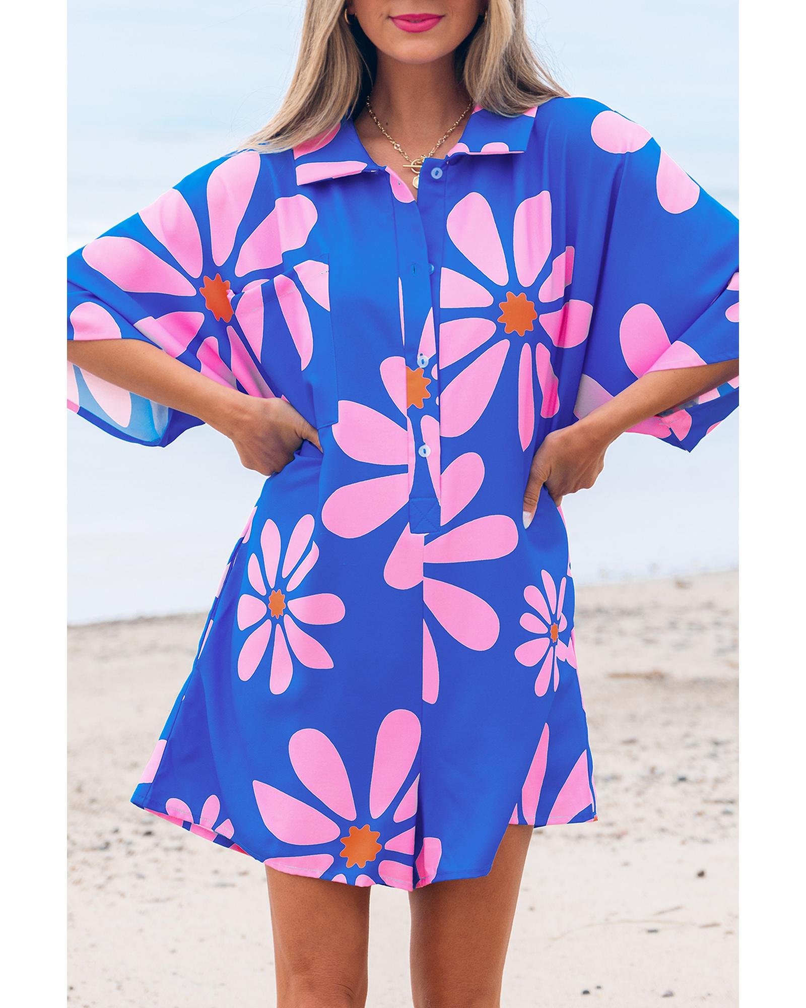Blue Summer Flower Print Shirt Collar Button Front Loose Romper - S