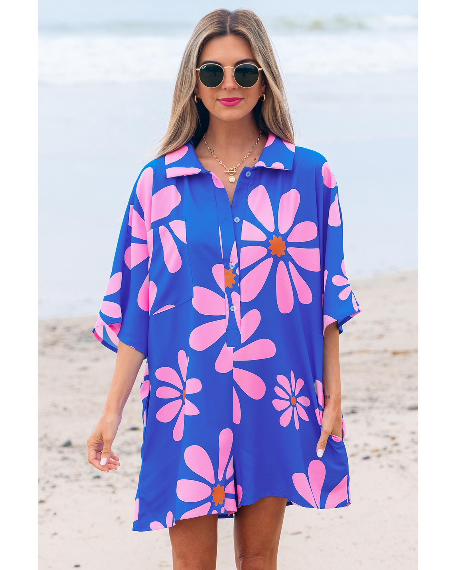 Blue Summer Flower Print Shirt Collar Button Front Loose Romper - XL