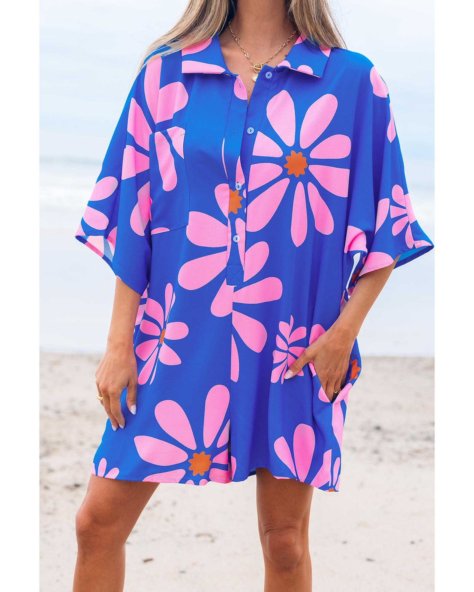 Blue Summer Flower Print Shirt Collar Button Front Loose Romper - XL