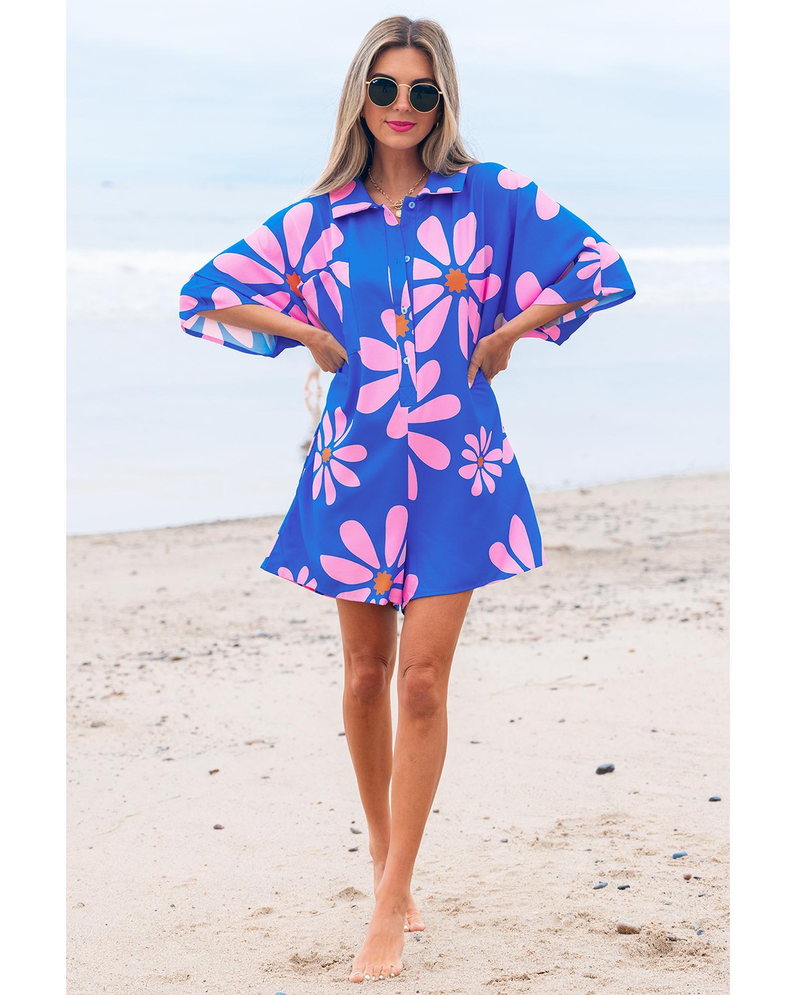 Blue Summer Flower Print Shirt Collar Button Front Loose Romper - XL