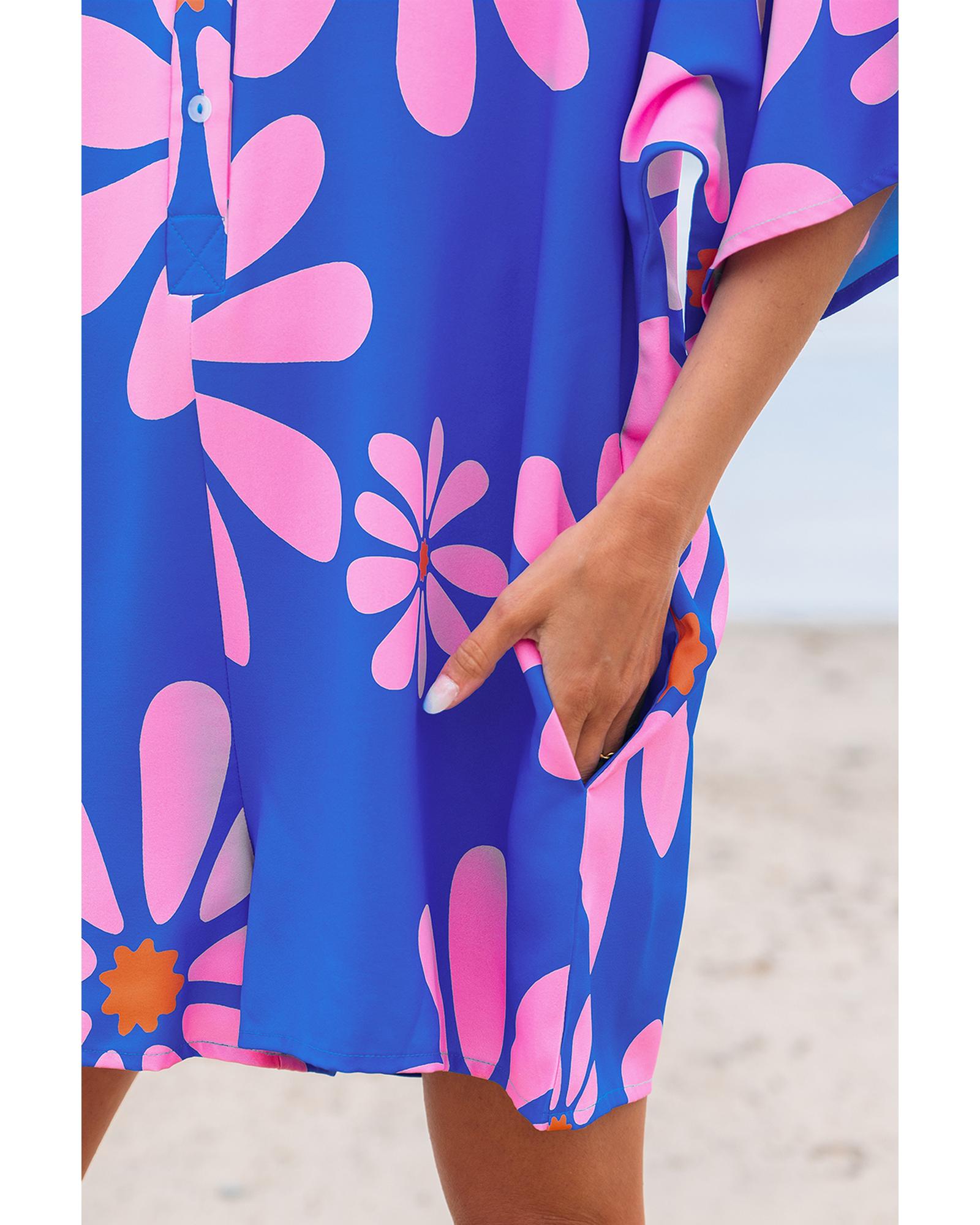 Blue Summer Flower Print Shirt Collar Button Front Loose Romper - XL