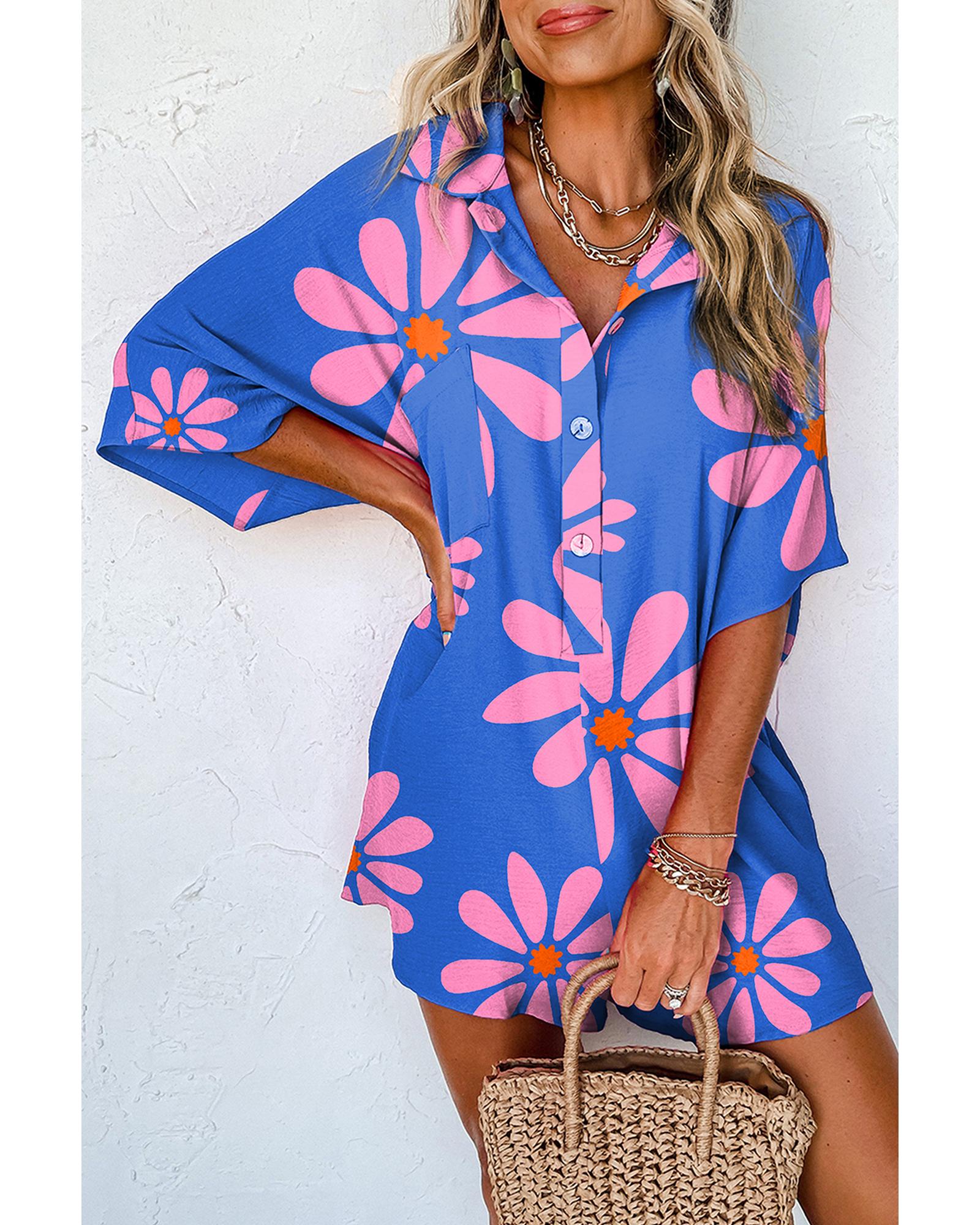 Blue Summer Flower Print Shirt Collar Button Front Loose Romper - XL