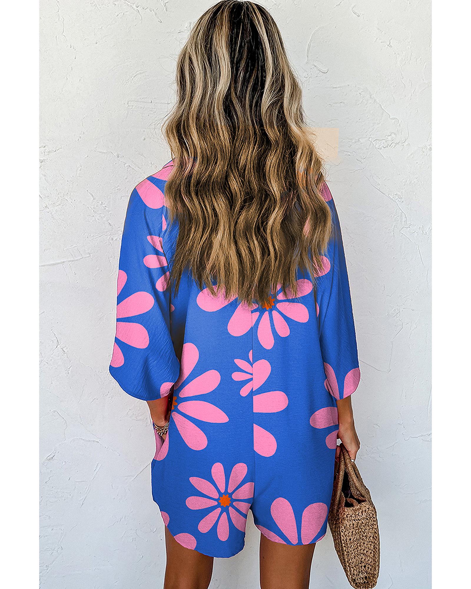 Blue Summer Flower Print Shirt Collar Button Front Loose Romper - XL