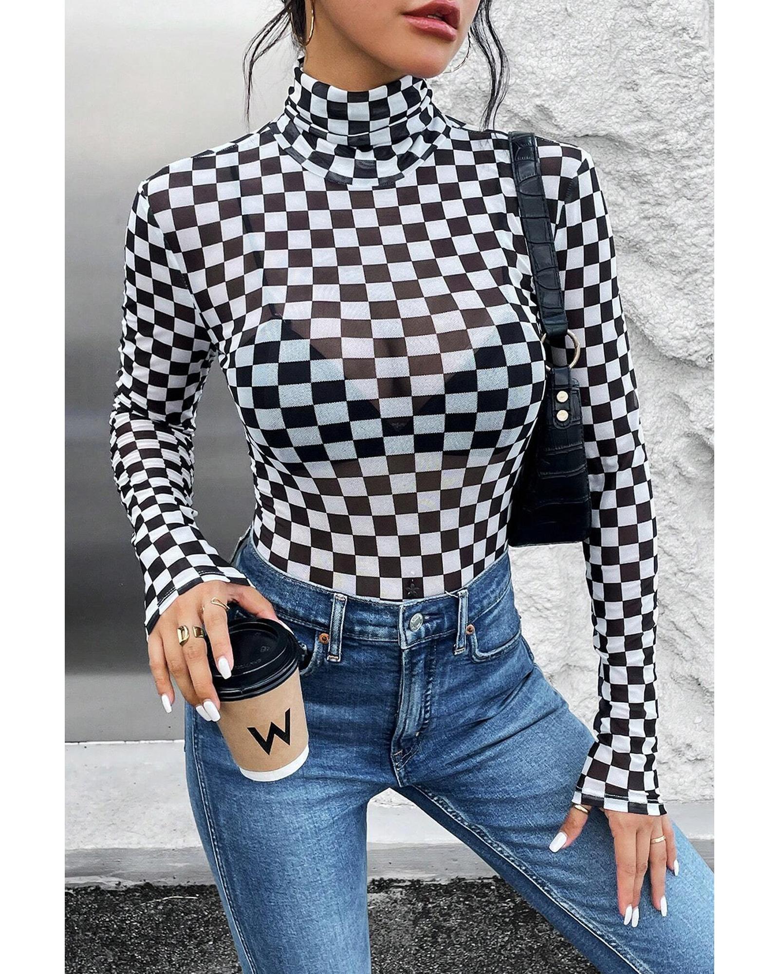 Black Checkered Printed Long Sleeve High Neck Bodysuit - S