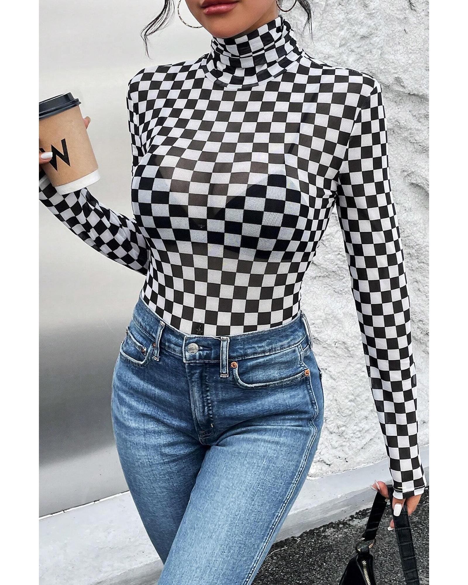 Black Checkered Printed Long Sleeve High Neck Bodysuit - S