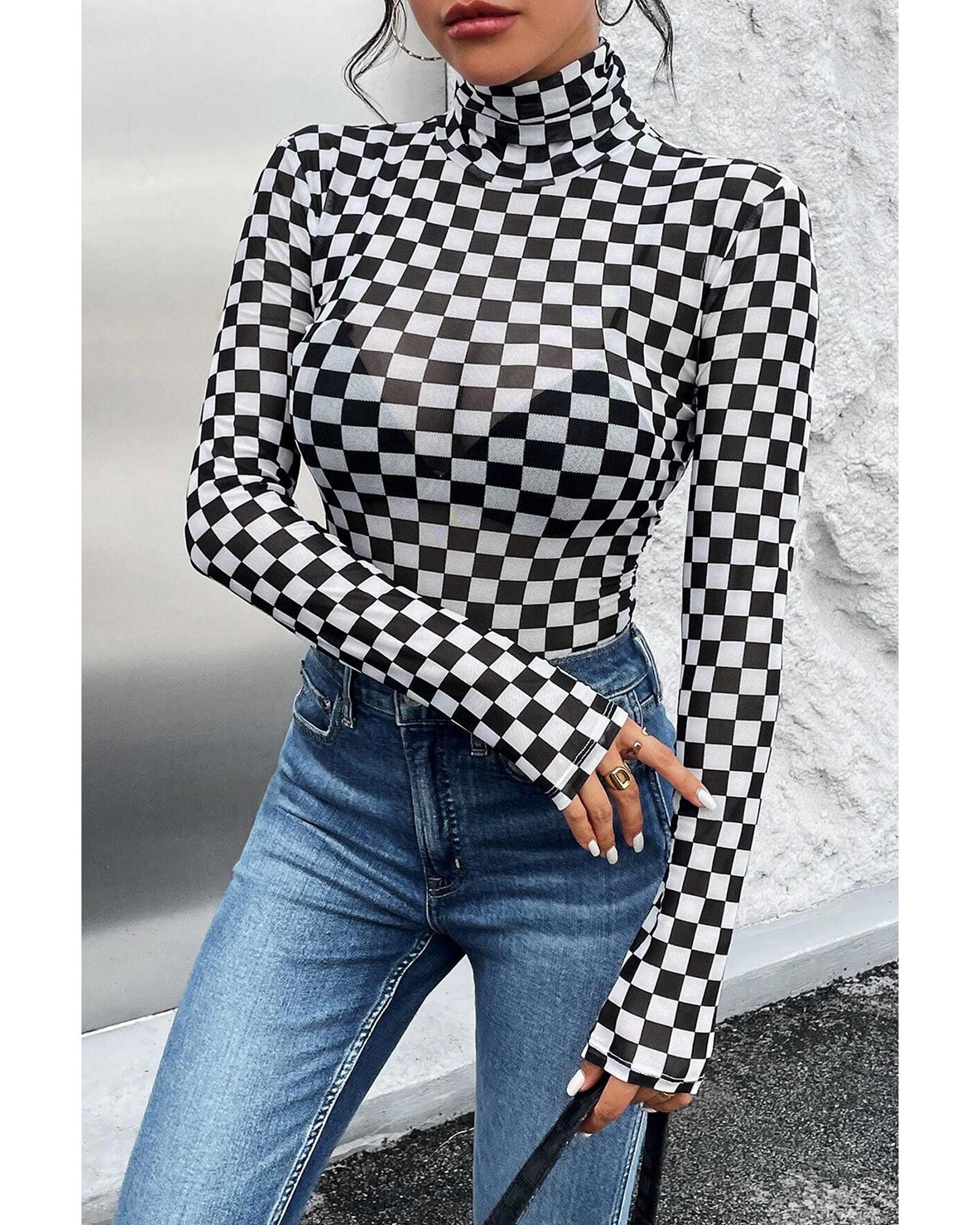 Black Checkered Printed Long Sleeve High Neck Bodysuit - S