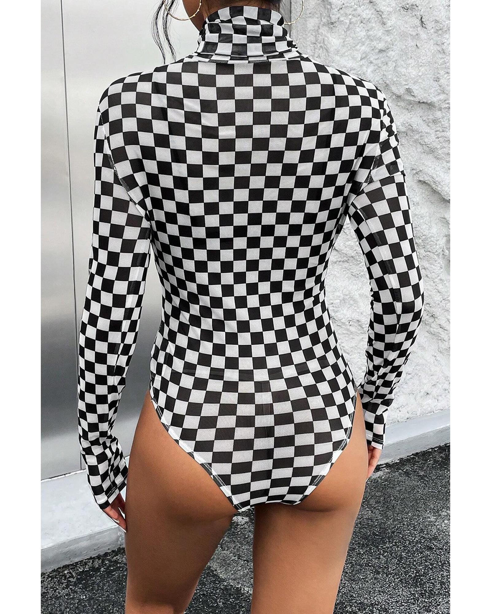 Black Checkered Printed Long Sleeve High Neck Bodysuit - S