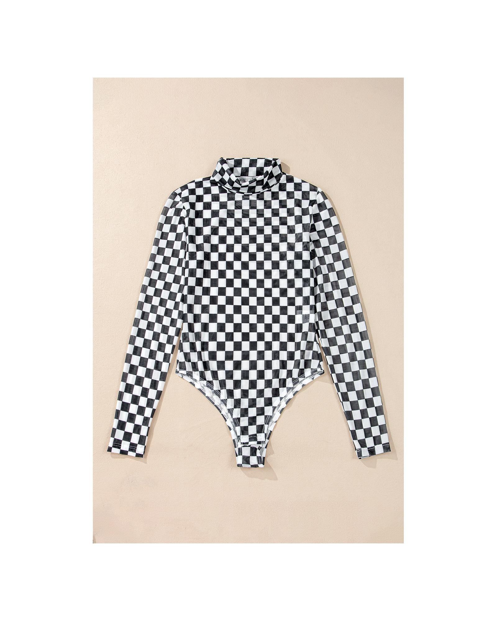 Black Checkered Printed Long Sleeve High Neck Bodysuit - S