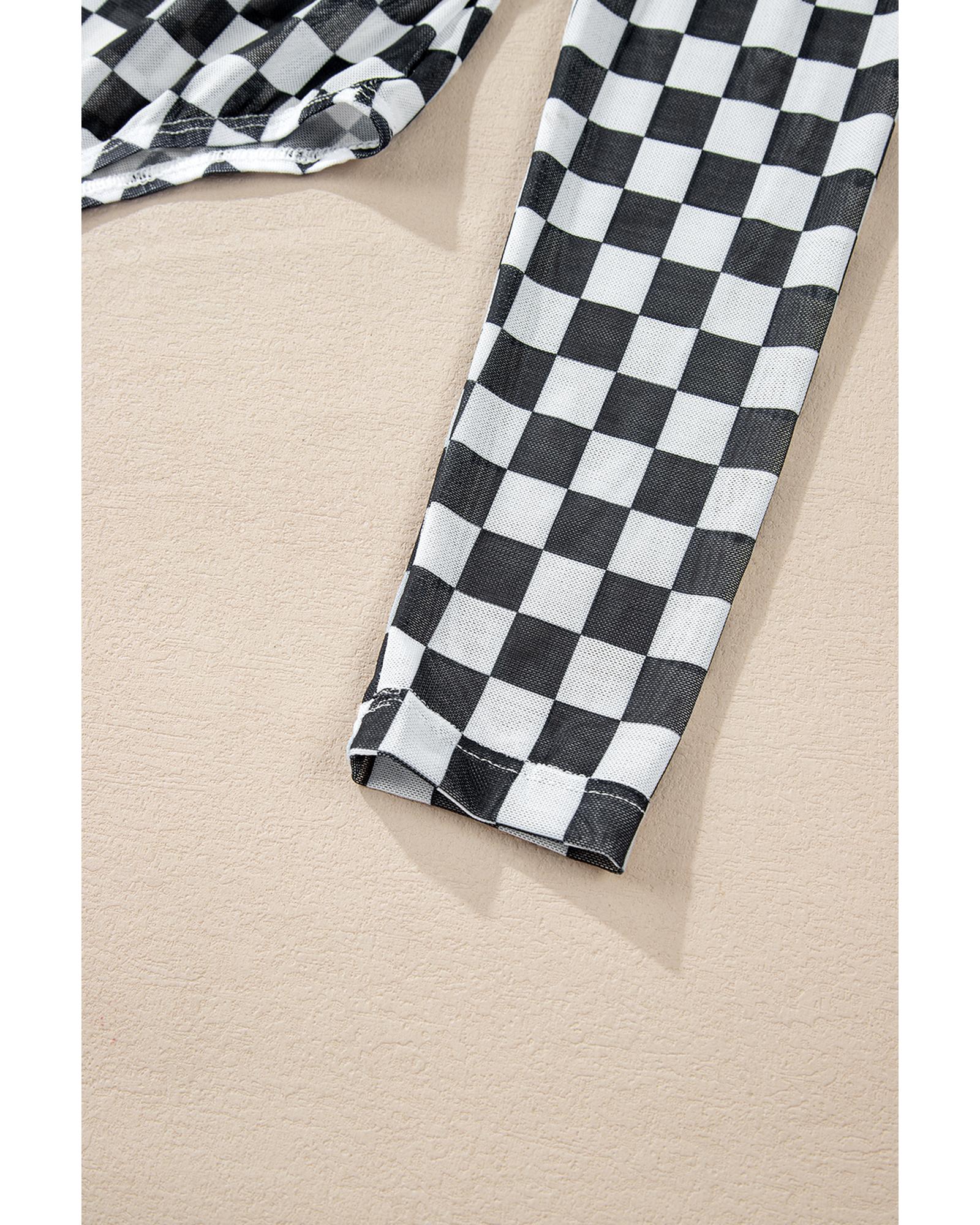 Black Checkered Printed Long Sleeve High Neck Bodysuit - S