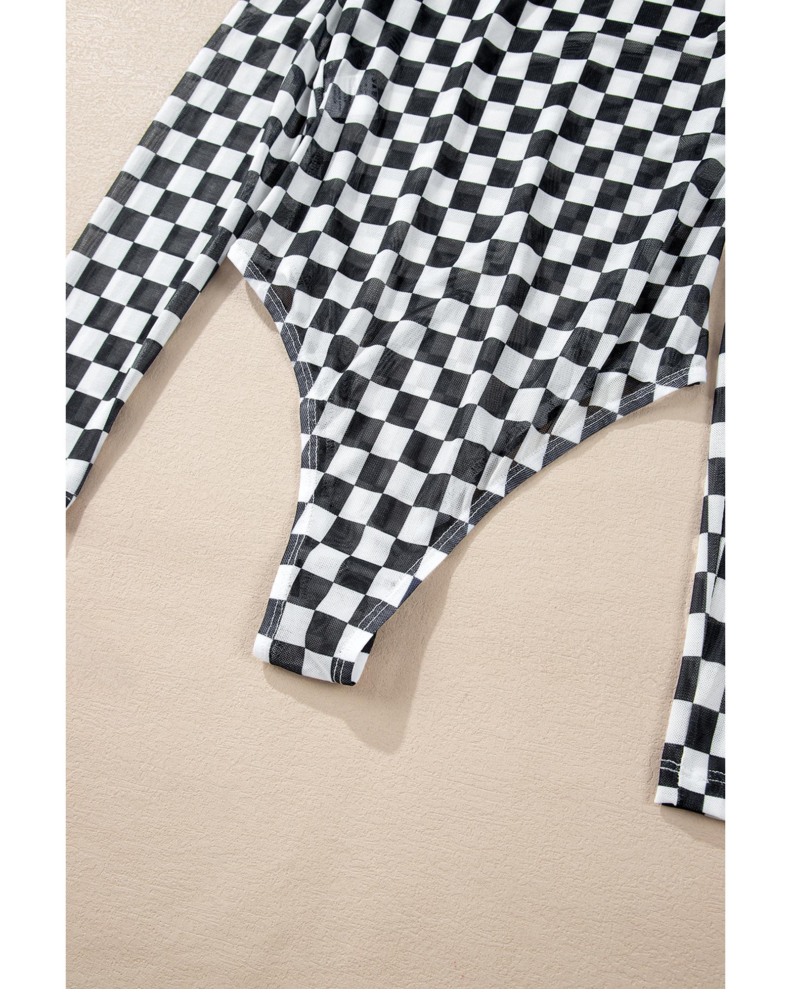 Black Checkered Printed Long Sleeve High Neck Bodysuit - S
