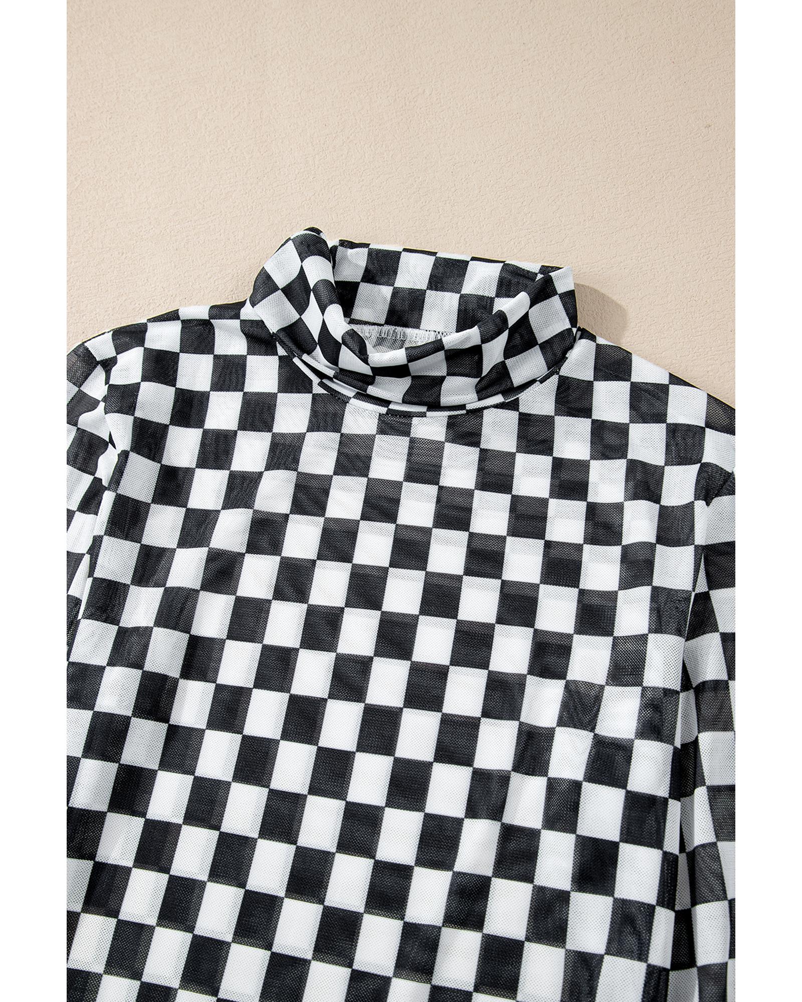 Black Checkered Printed Long Sleeve High Neck Bodysuit - S